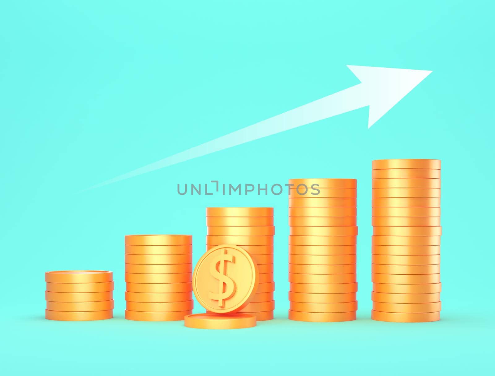 Growth Earnings and financial success concept - Gold coins and white arrow isolated on blue background . 3d render