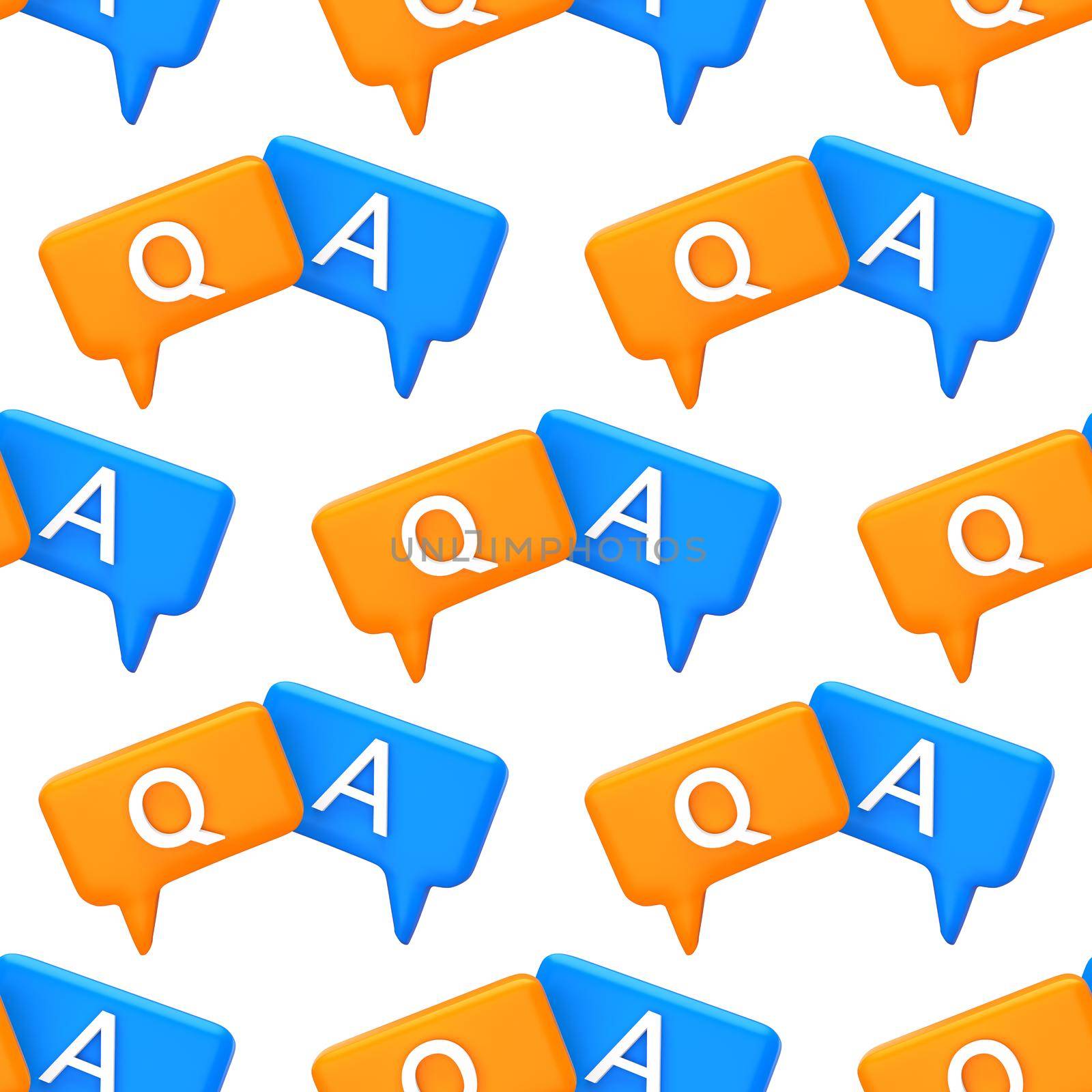Seamless pattern Question and Answer Bubble Speech minimal concept. Cartoon 3d QA chat bubble illustration. 3d render