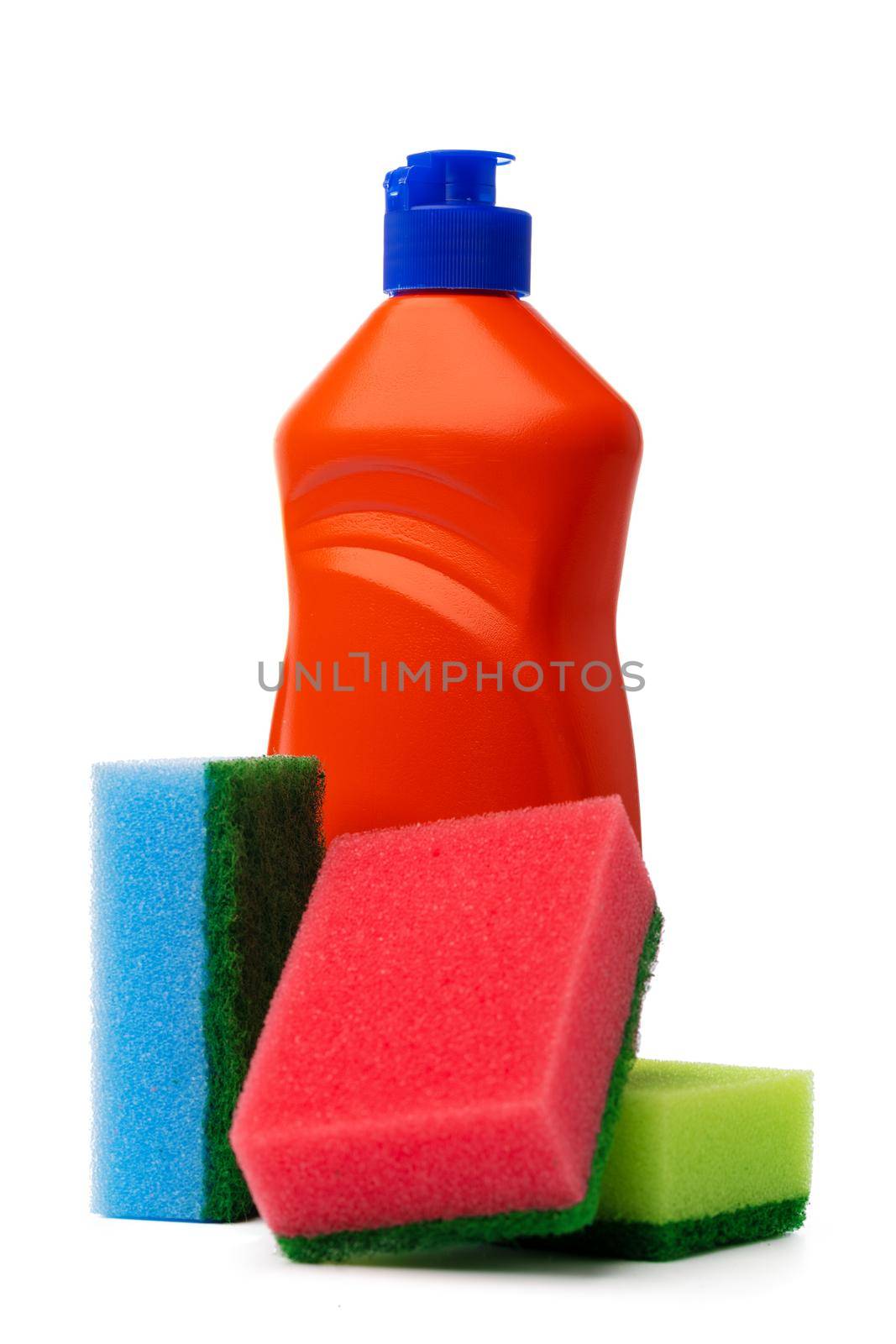 Bottles with cleaning products and sponge on a white isolated background by Fabrikasimf