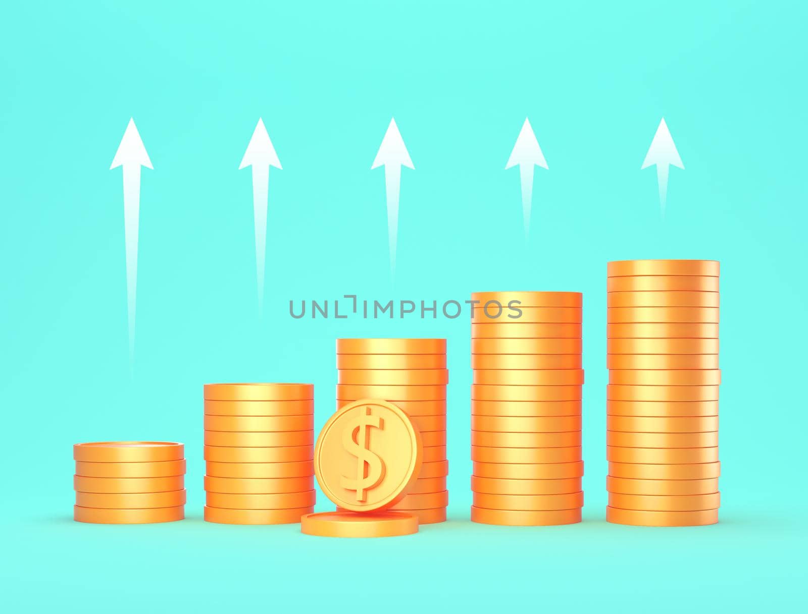 Growth Earnings and financial success concept - Gold coins and white arrow isolated on blue background . 3d render