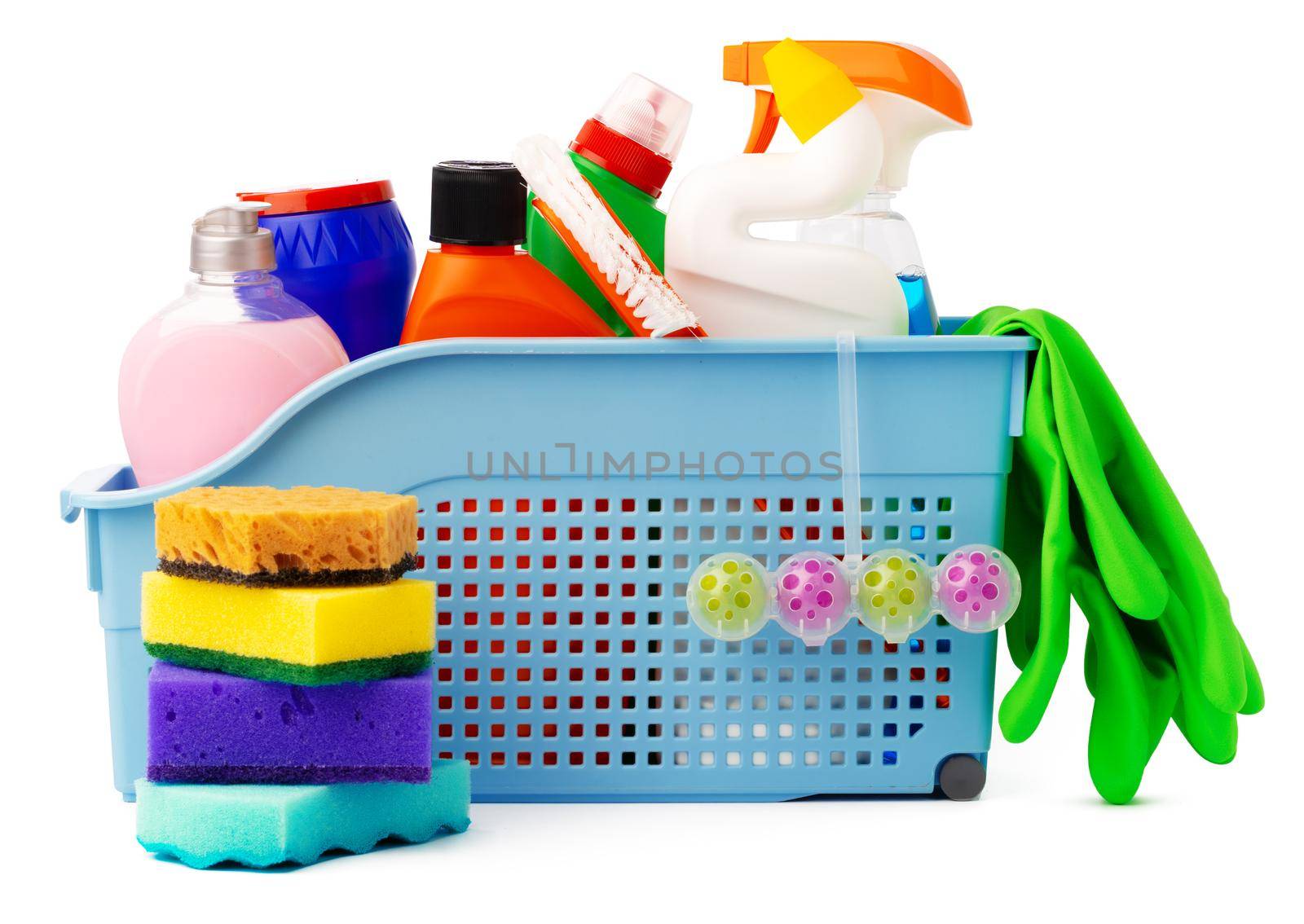 Cleaning items in basket isolated on white background, close up