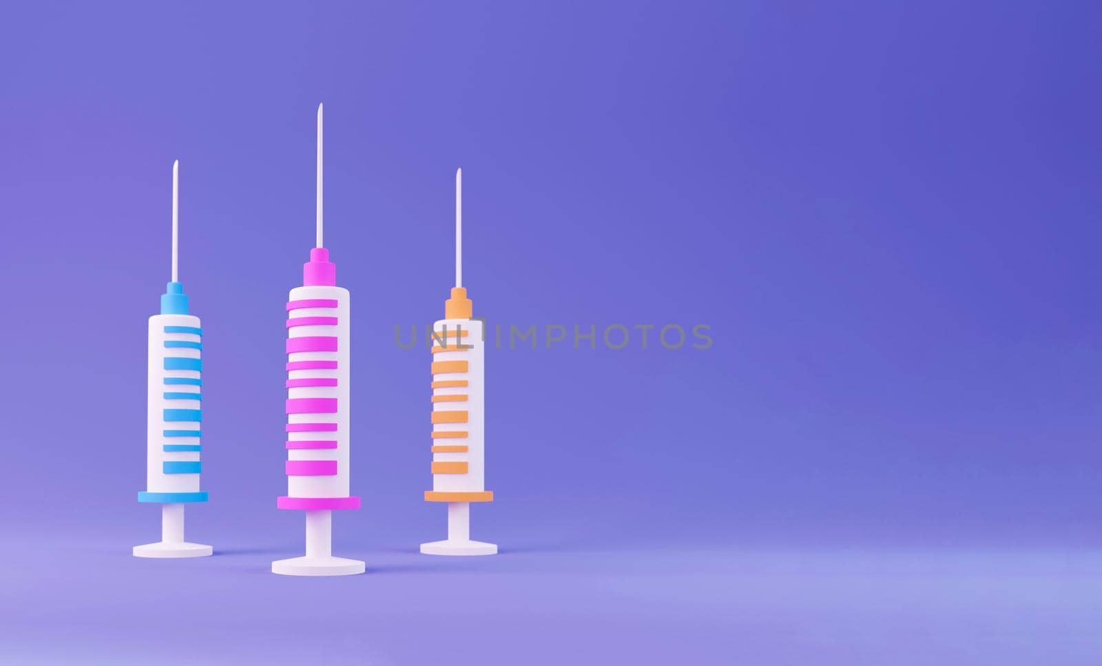 3d three Syringe for vaccine, vaccination, injection, flu shot. Vaccination icon with Medical equipment. Minimalism concept. 3d illustration render with copy space