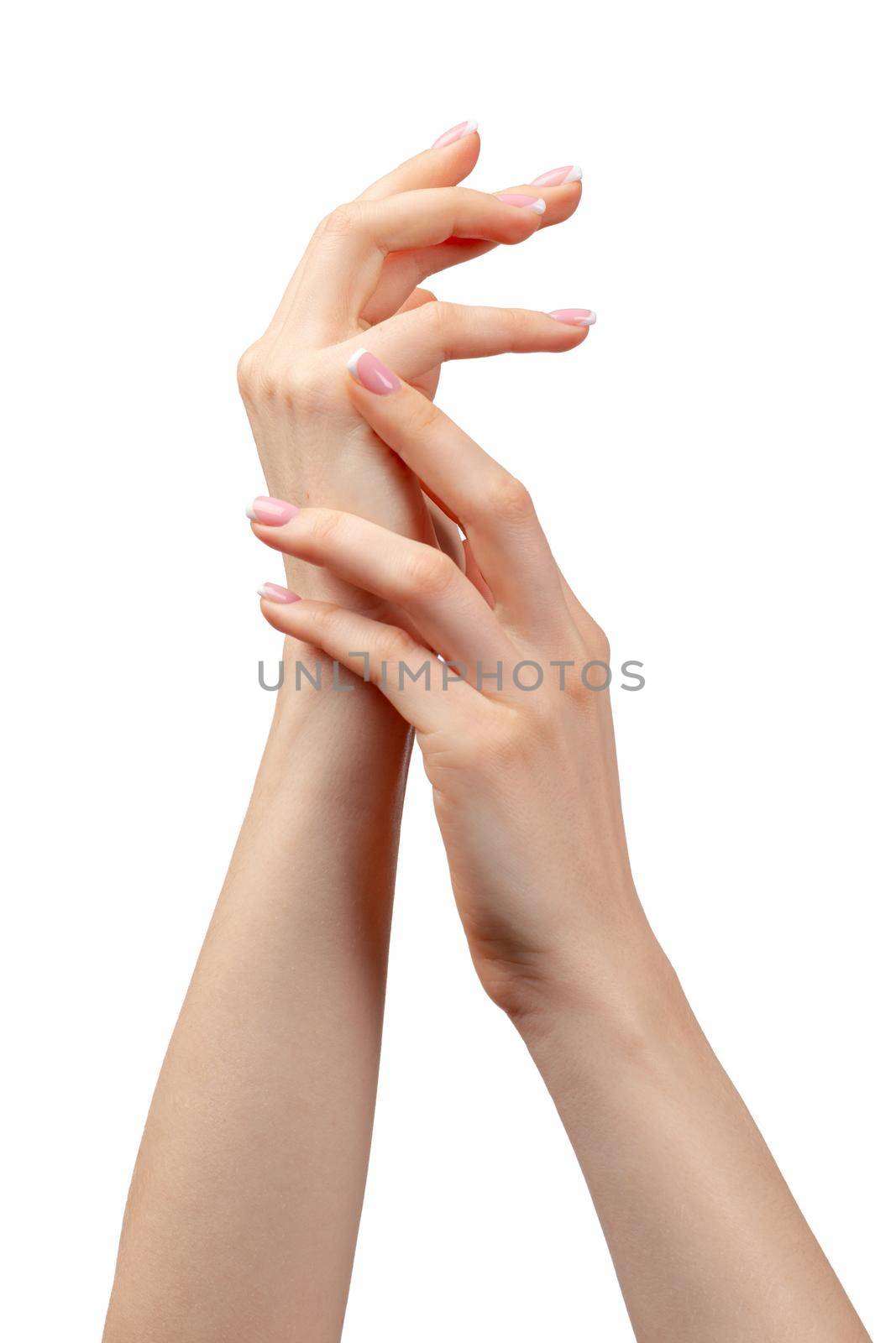 Well-groomed female hands with manicure on white background by Fabrikasimf