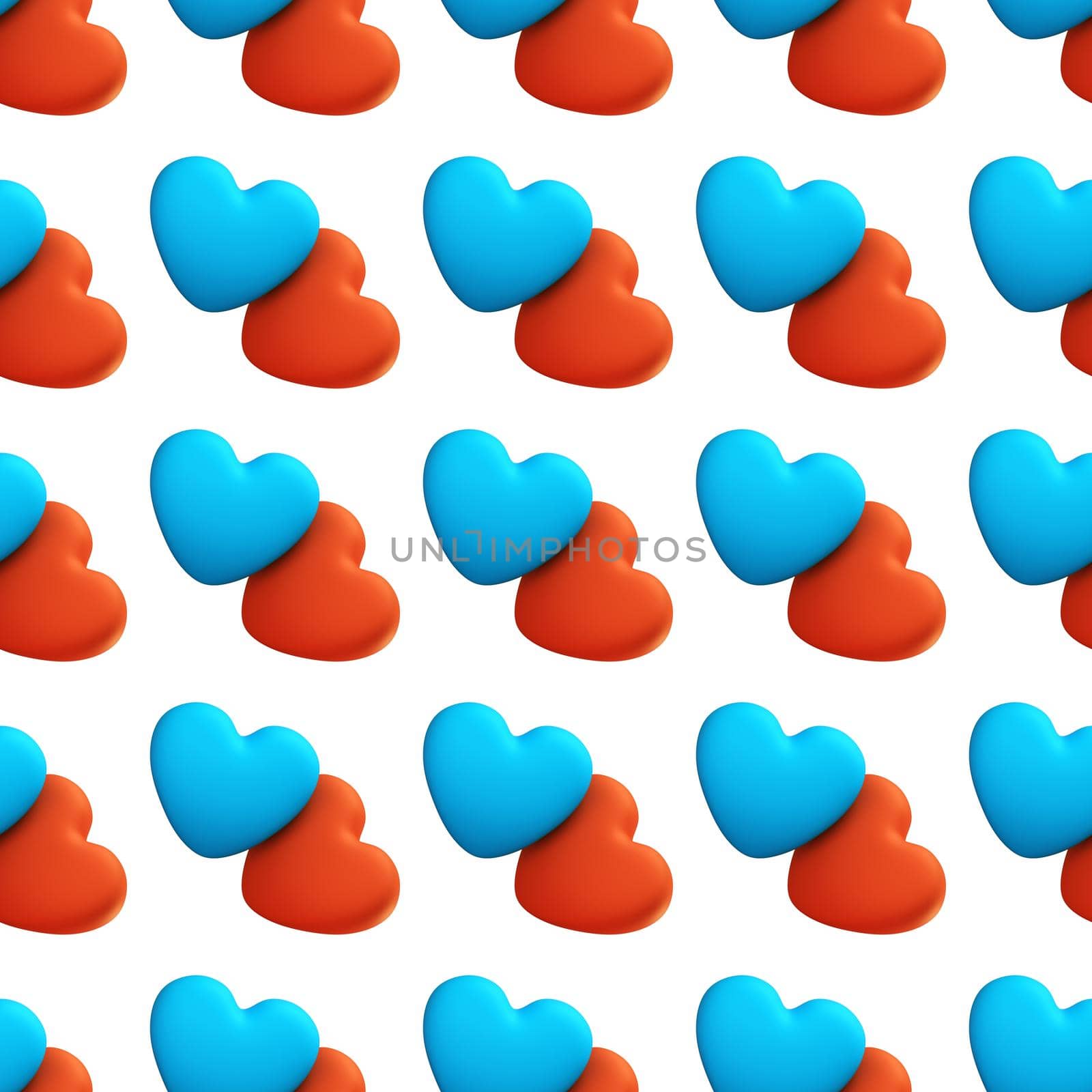 Love seamless pattern creative concept. two romantic blue and red hearts on a white background. Valentine day card or web banner template, 3d rendering