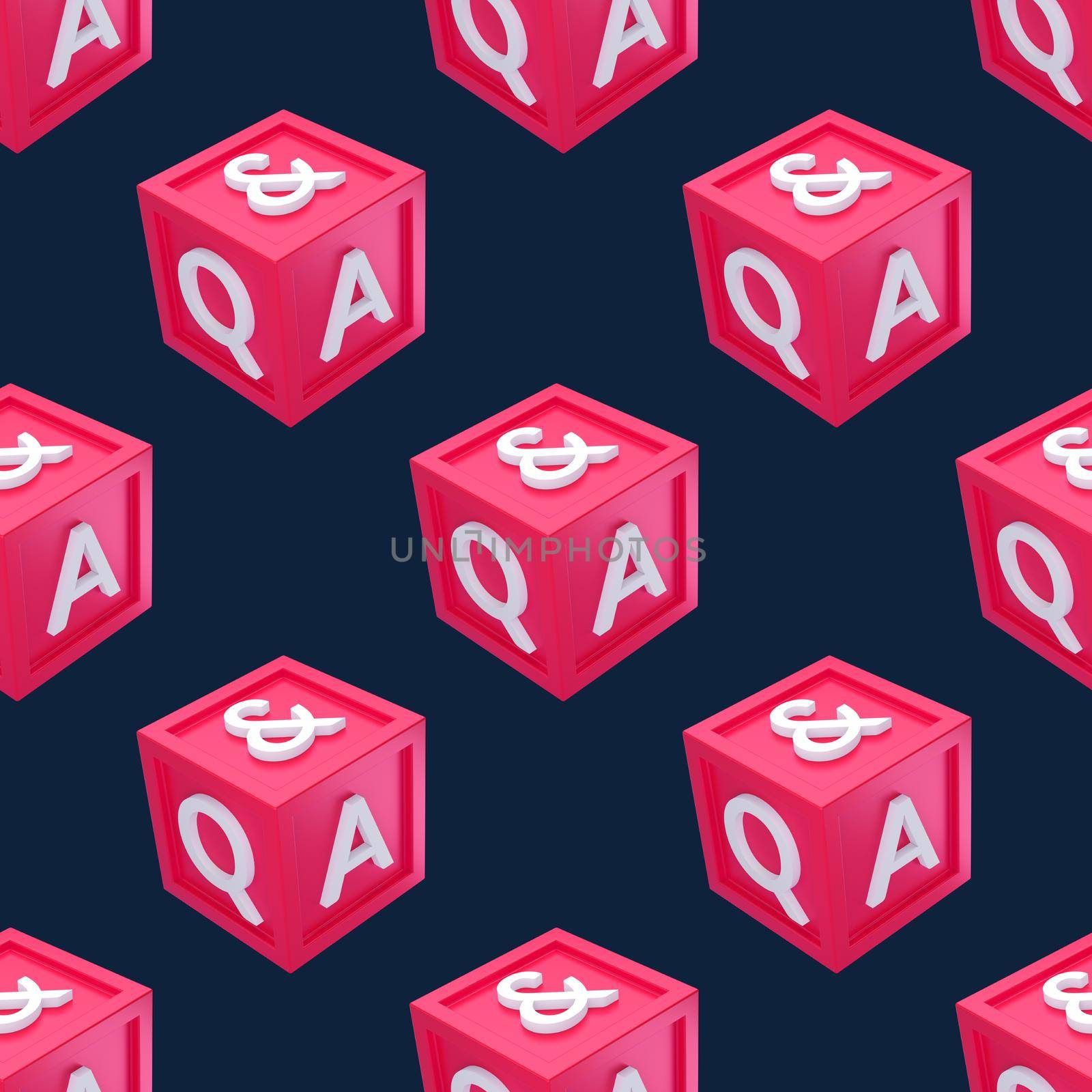 Seamless pattern Question and Answer cube box minimal concept. Cartoon 3d QA chat bubble illustration. 3d render by lunarts