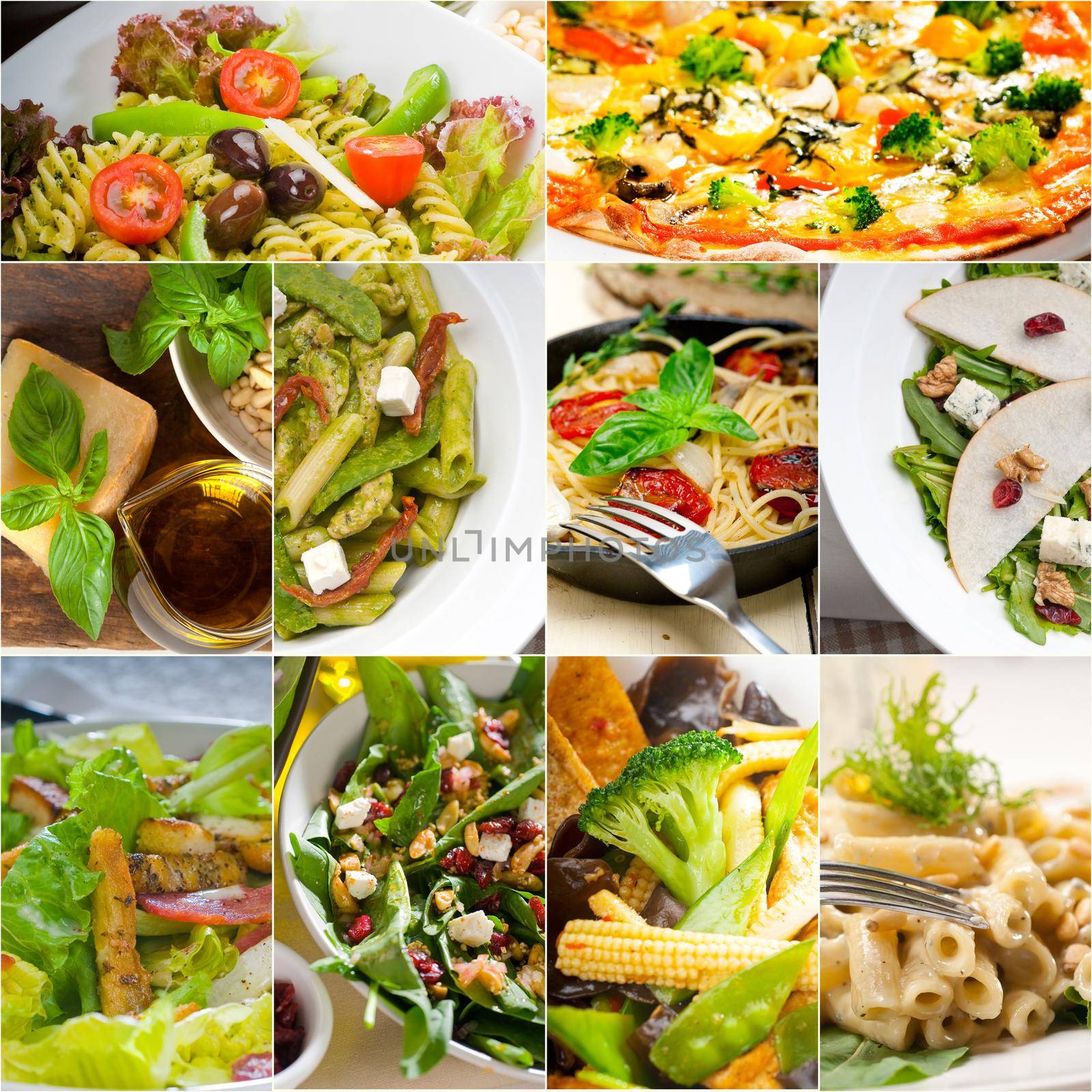 healthy vegetarian pasta soup salad pizza Italian food staples collage