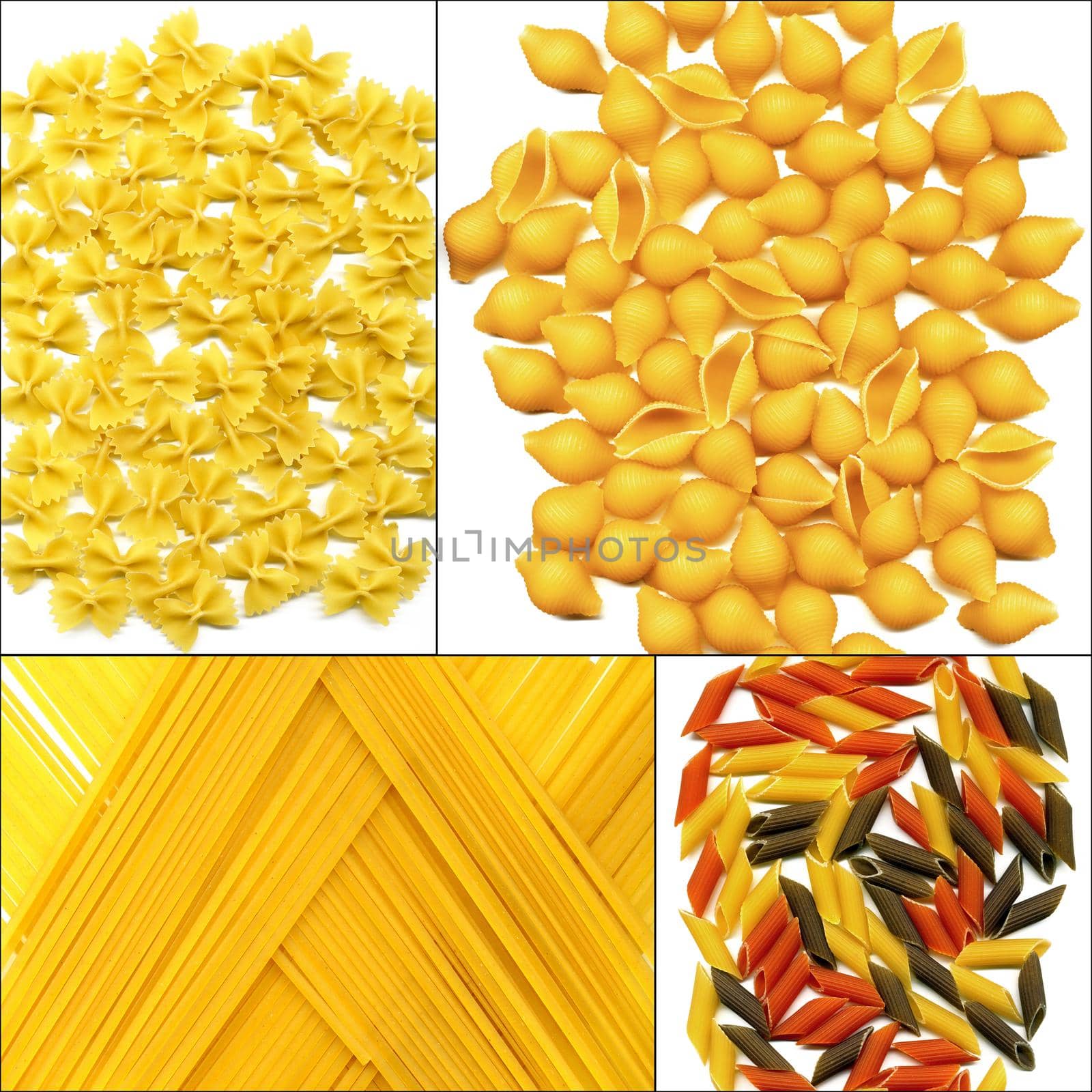 various type of Italian pasta collage on a square frame