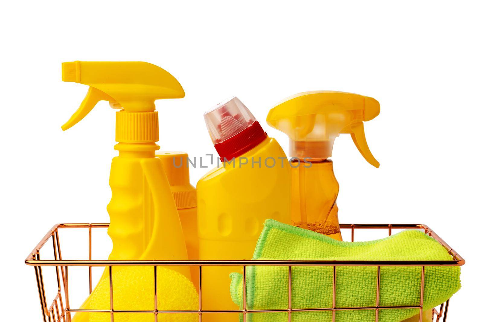 Cleaning items in basket isolated on white background, close up