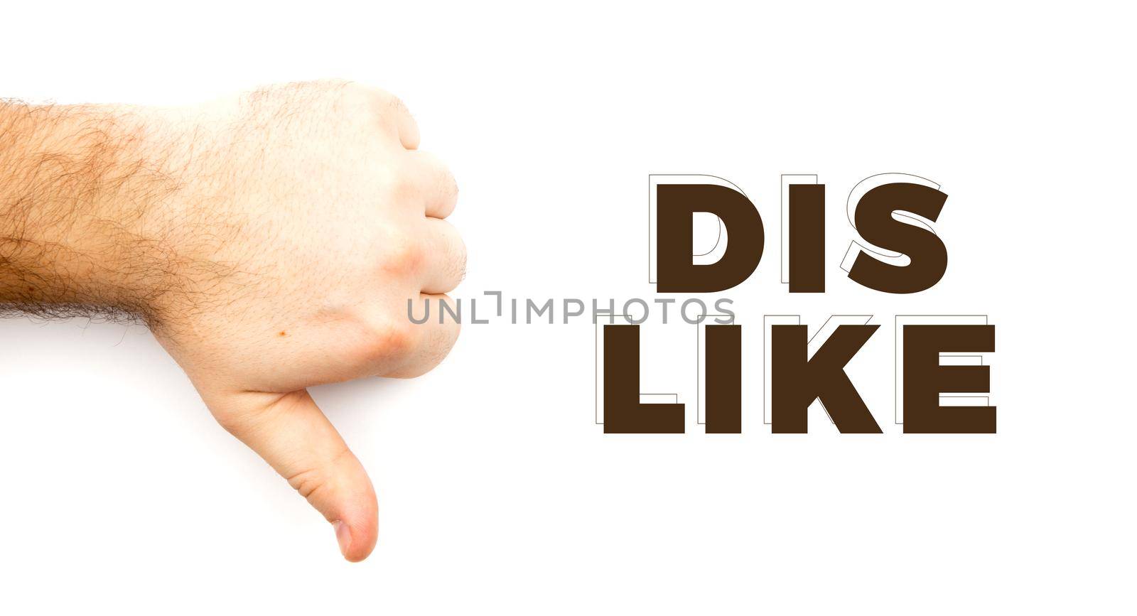 Male hairy hand showing Dislike, unlike, fail, disagree sign, thumb down hand with white background and copy space.