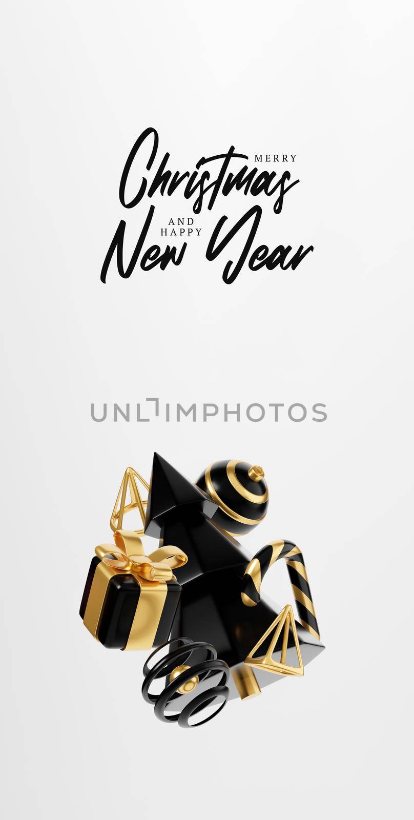 Luxury christmas 3d render banner or greeting card. Modern Minimal New year and Christmas gold and black Decoration with tree, candy, ball, gift box on black background by lunarts