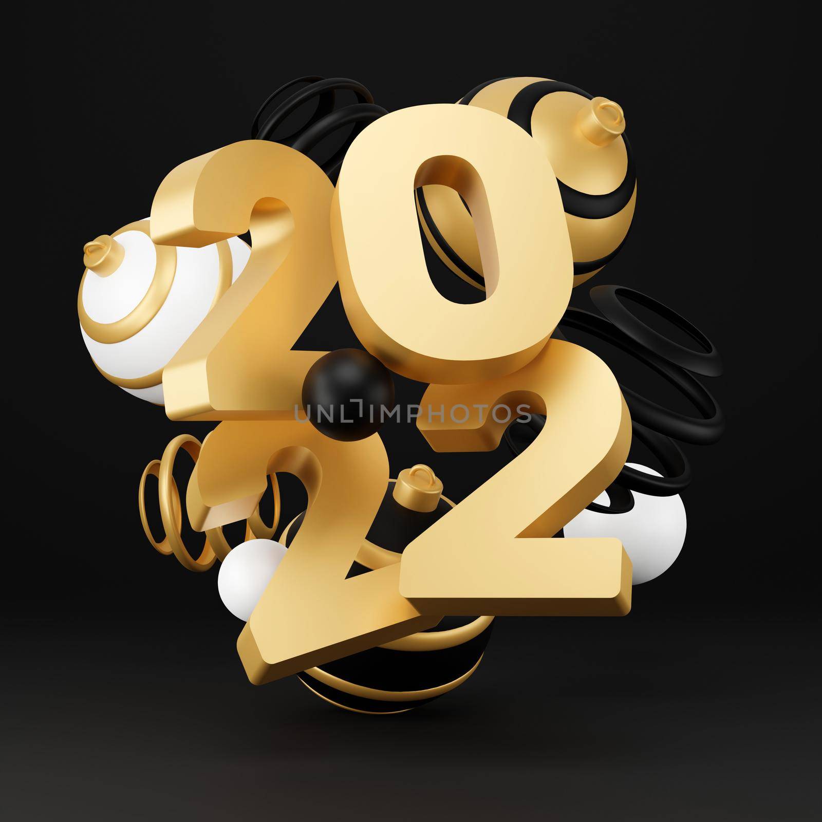 2022 new year abstract background with 3d spheres. black and gold Christmas luxury minimal concept. Decoration design for New Year. 3d rendering