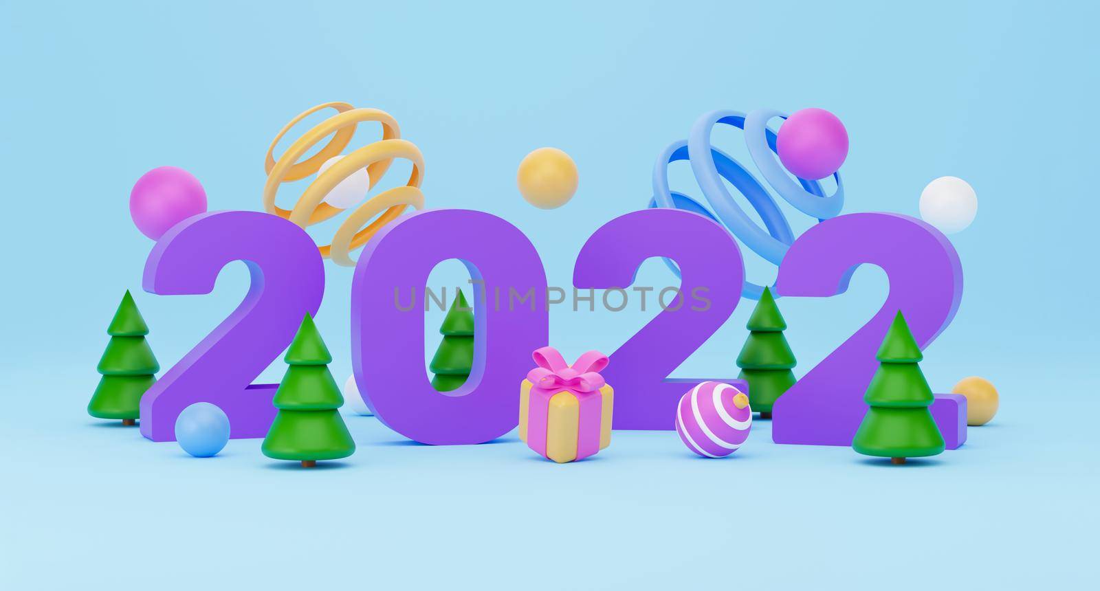 2022 new year banner. 3d render, abstract colorful geometric background, multicolored balls, balloons, primitive shapes, minimalistic design. Merry christmas and happy new year greeting card
