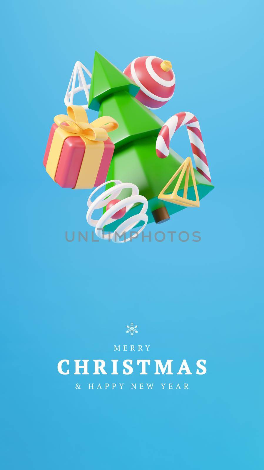 New Year and Christmas 3d design. Realistic gifts box, xmas fir tree, ball, candy and decorative elements holiday banner. 3d render image of christmas holiday by lunarts