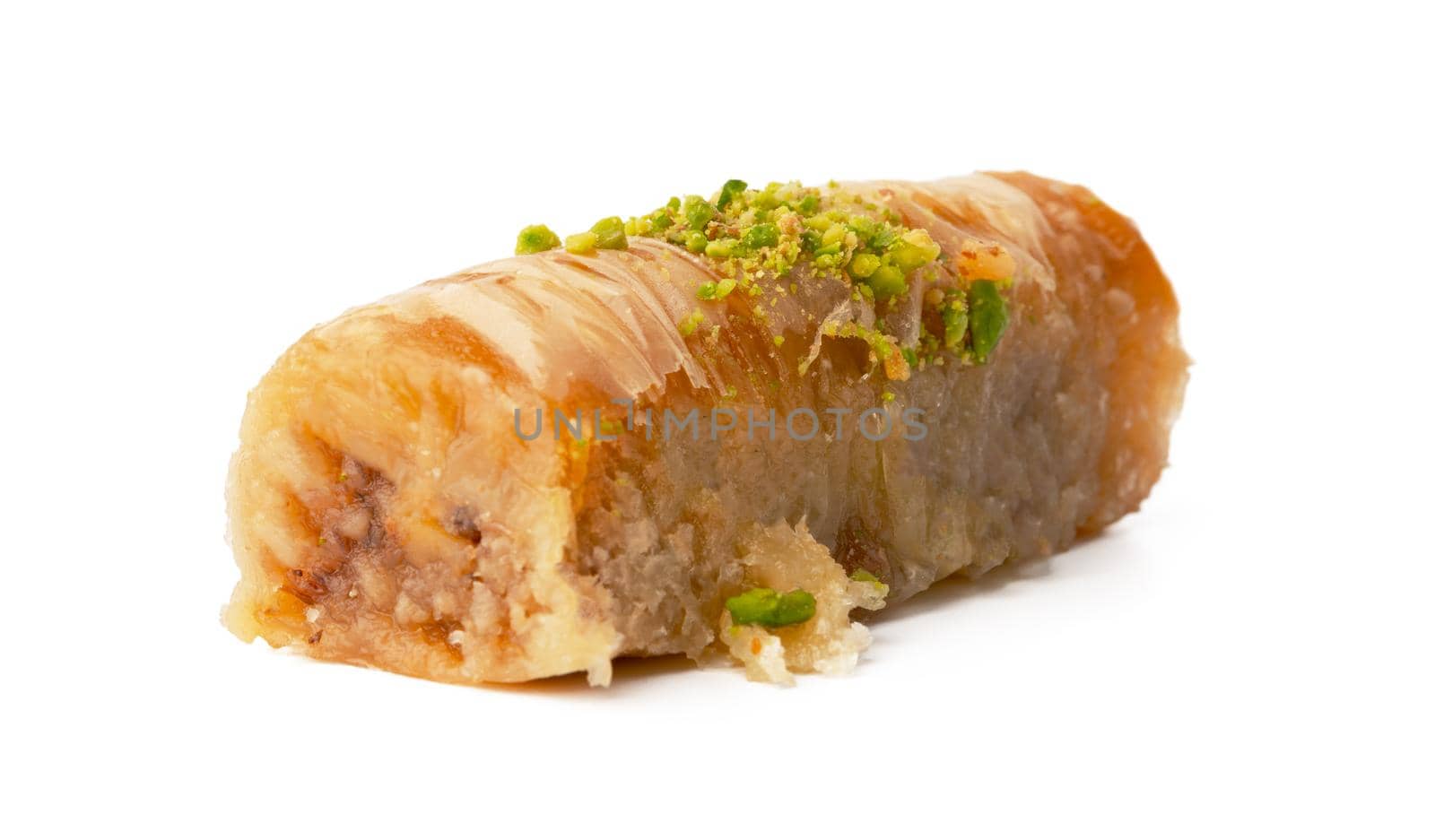 Delicious sweet baklava isolated on white background, close up