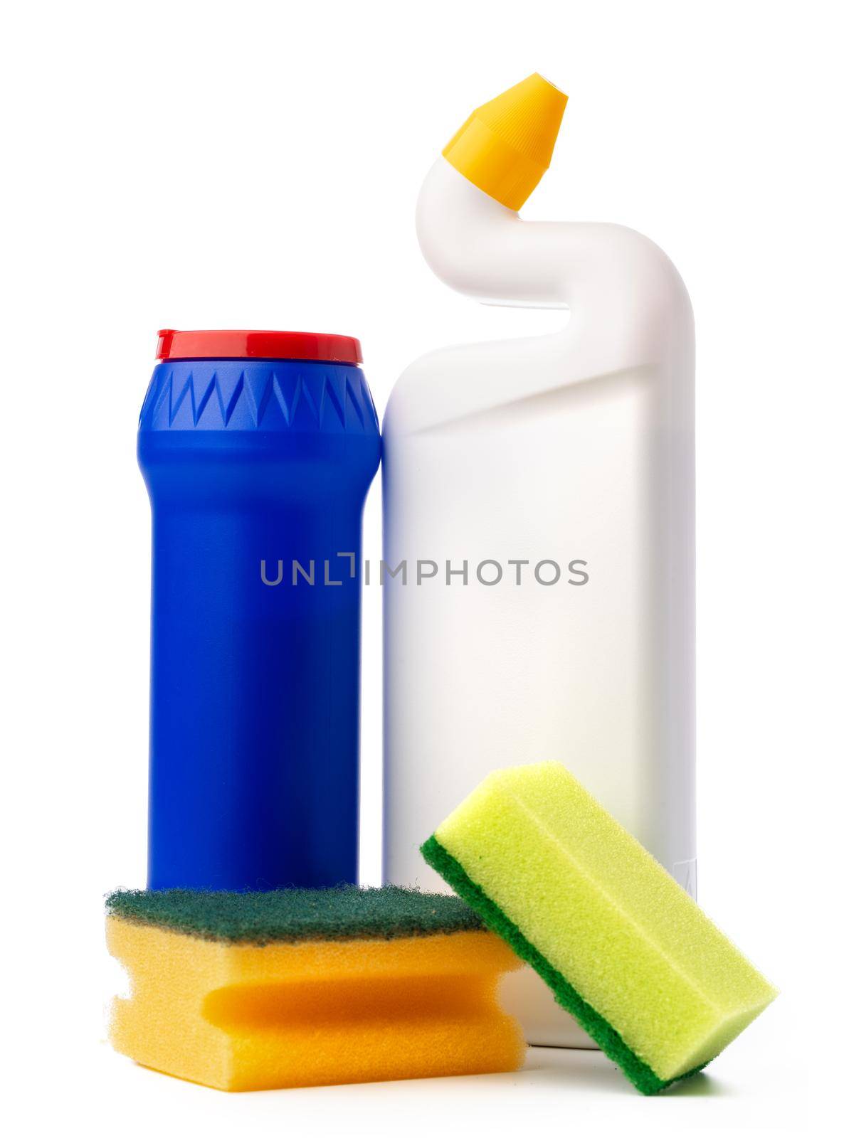 Bottles with cleaning products and sponge on a white isolated background, copy space
