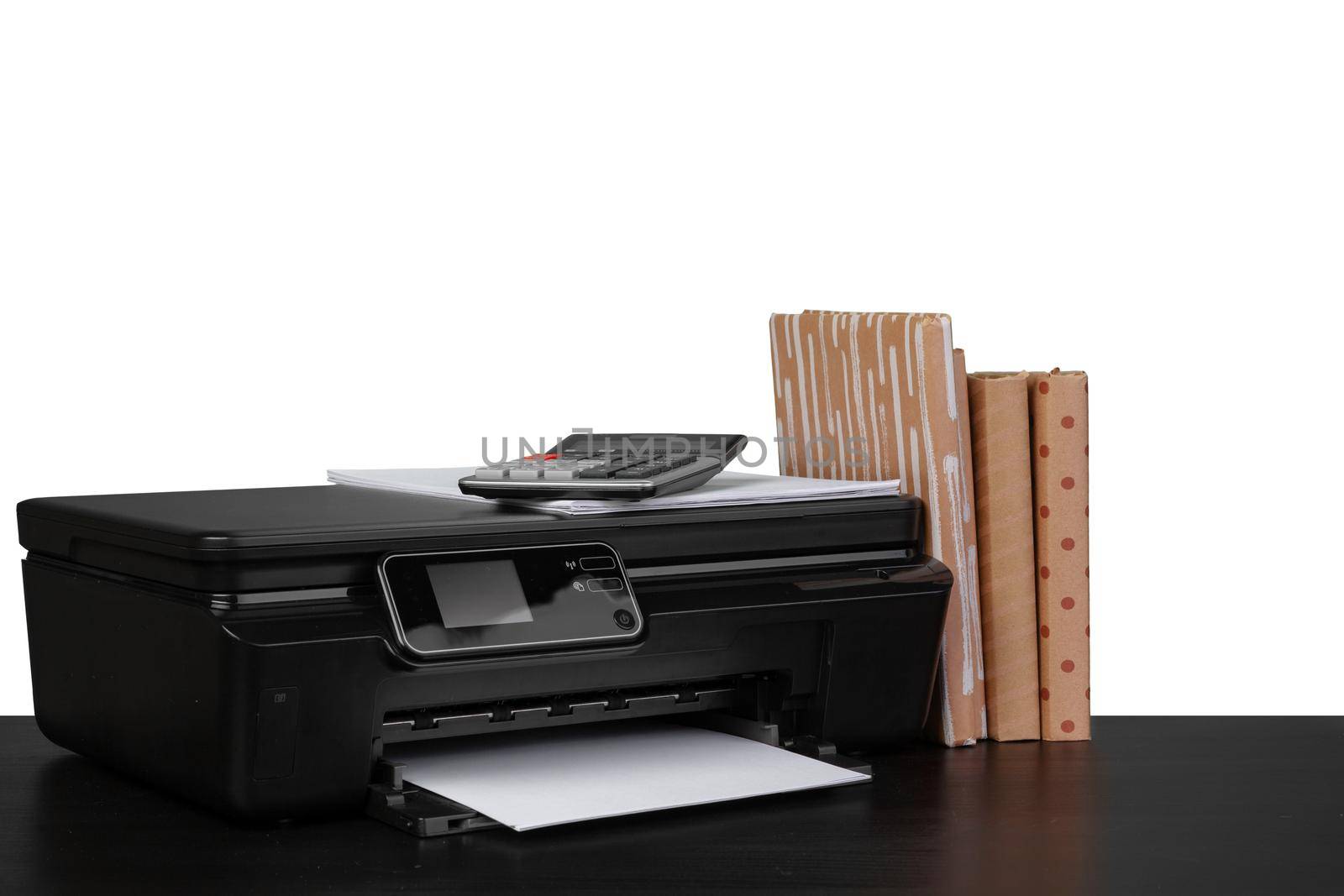 Office table with laser printer and books against white background by Fabrikasimf