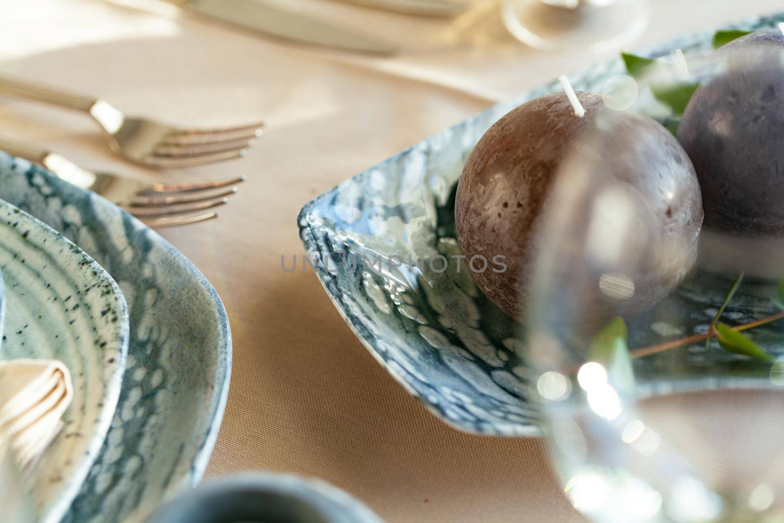 Elegant dinner table served for banquet event. High quality photo