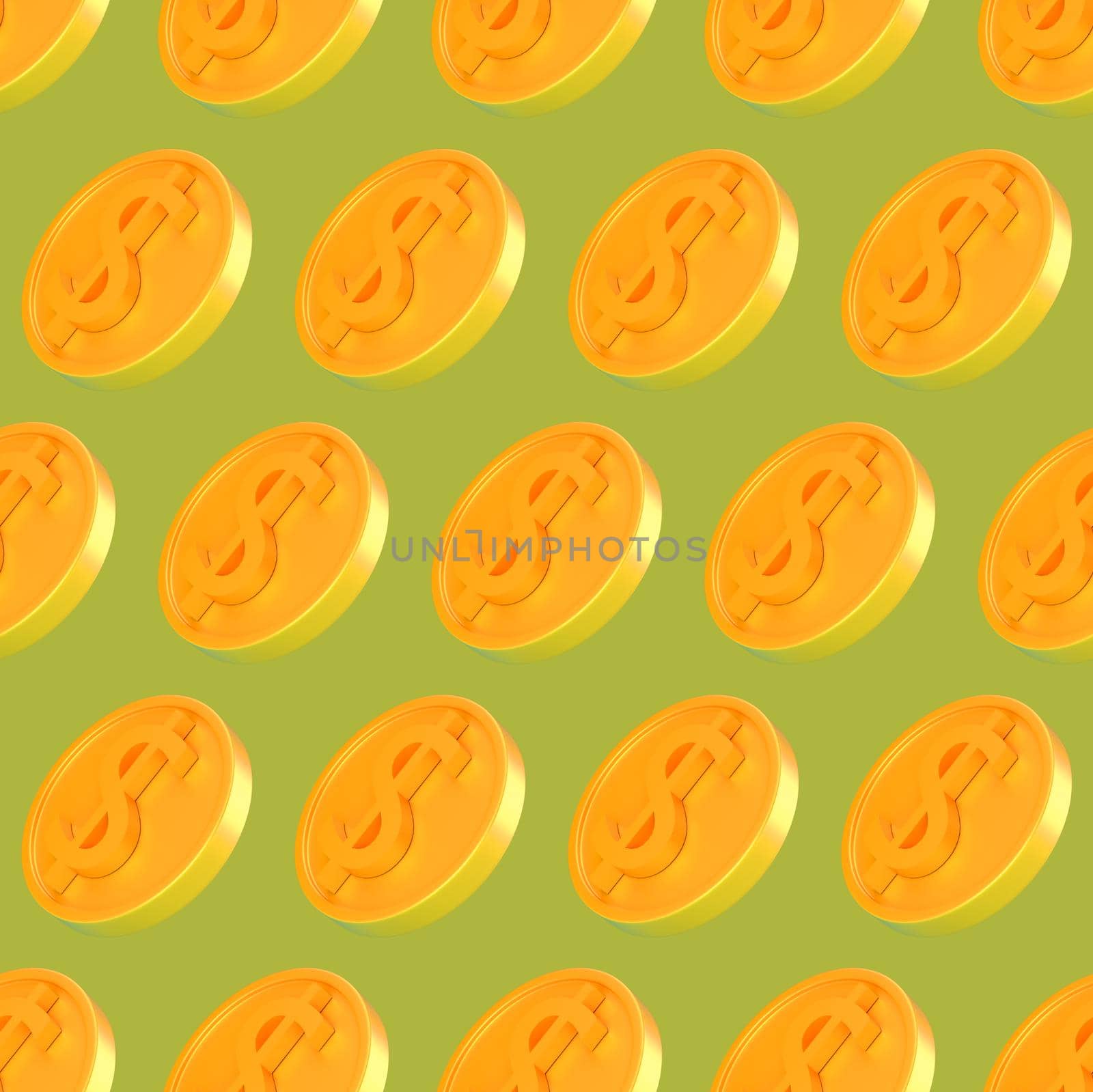 Realistic Gold 3d coins with dollar sign seamless pattern. Seamless wrapping pattern of shiny money 3d render illustration