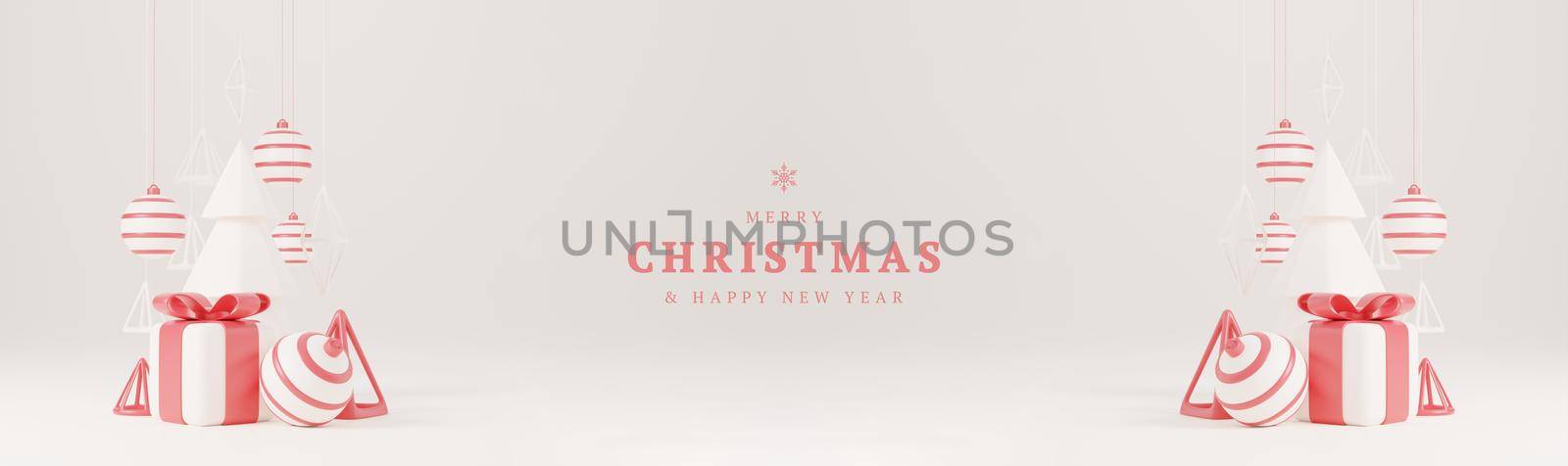 3d Christmas tree with red gift box and ball white background, xmas poster, web banner. 3d render illustration minimal style christmas and new year concept by lunarts