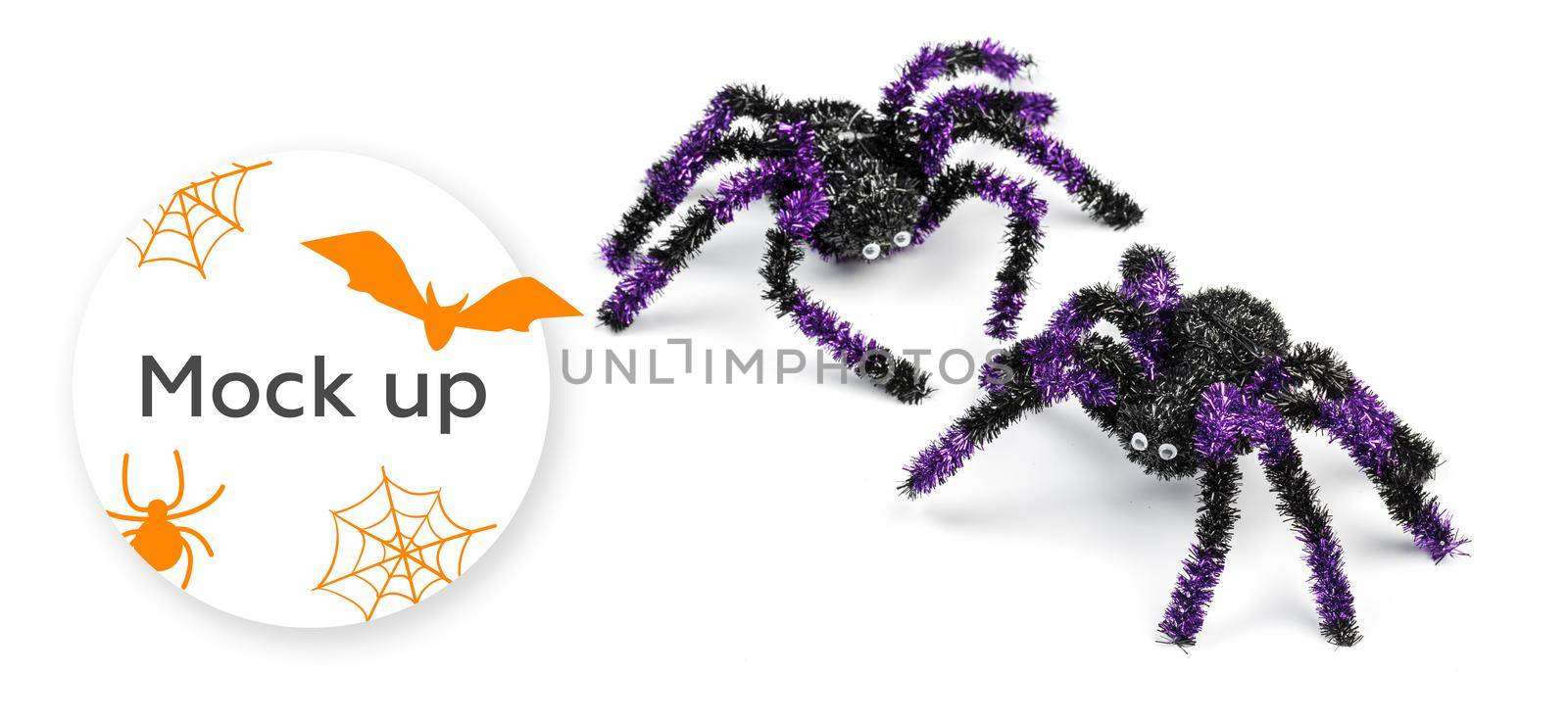 Halloween scary concept with decorative spiders on white background, mock up