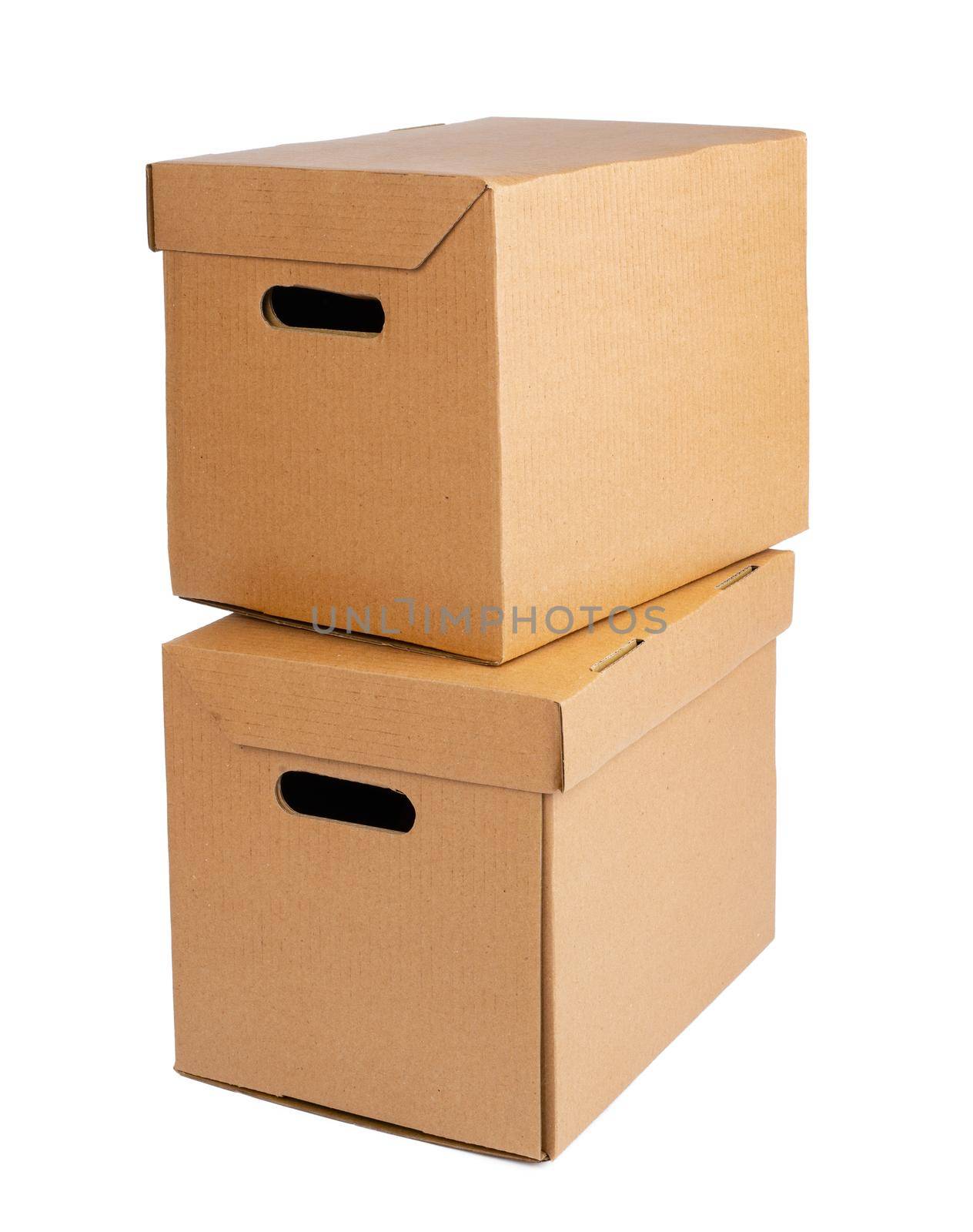 Cardboard brown box isolated on white background. Close up.