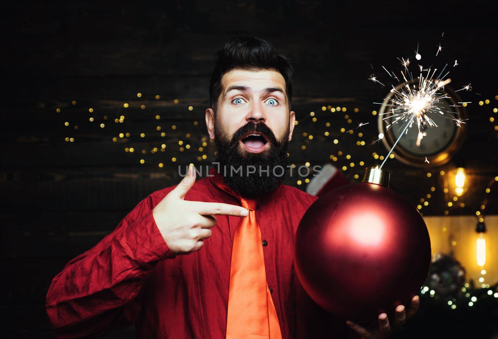 Christmas funny celebration holiday. Hipster Santa claus with boom. Santa Claus man on Christmas