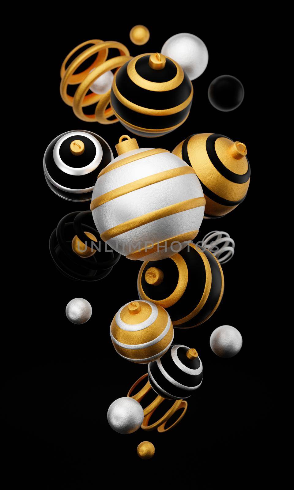 Merry Christmas and Happy New Year 3d render vertical illustration card with ornate gold, black and silver xmas balls and decoration. Winter decoration, minimal design