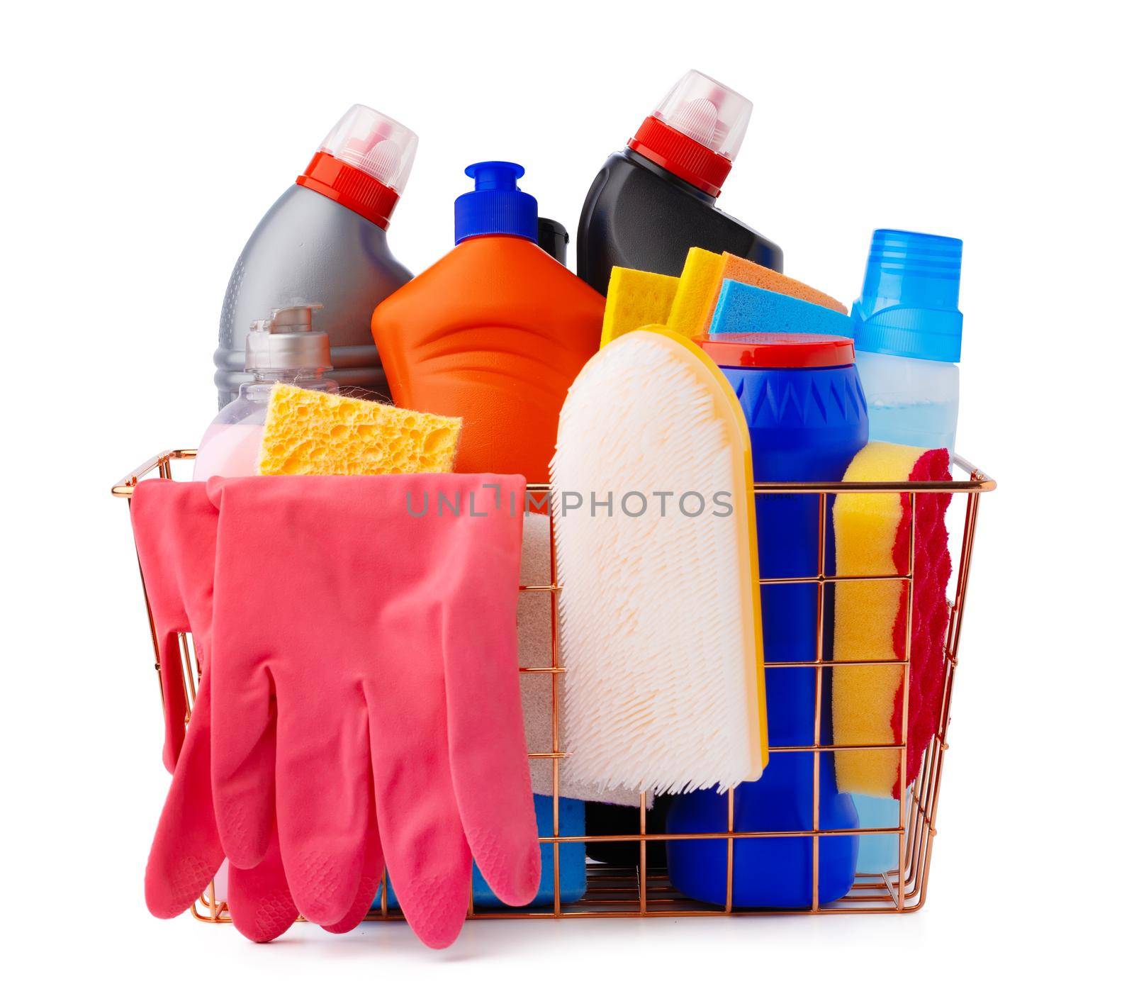 Cleaning items in basket isolated on white background, close up