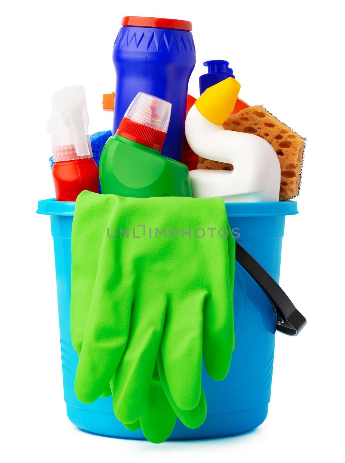 Liquid detergents and cleaning supplies in plastic bucket on white background, close up