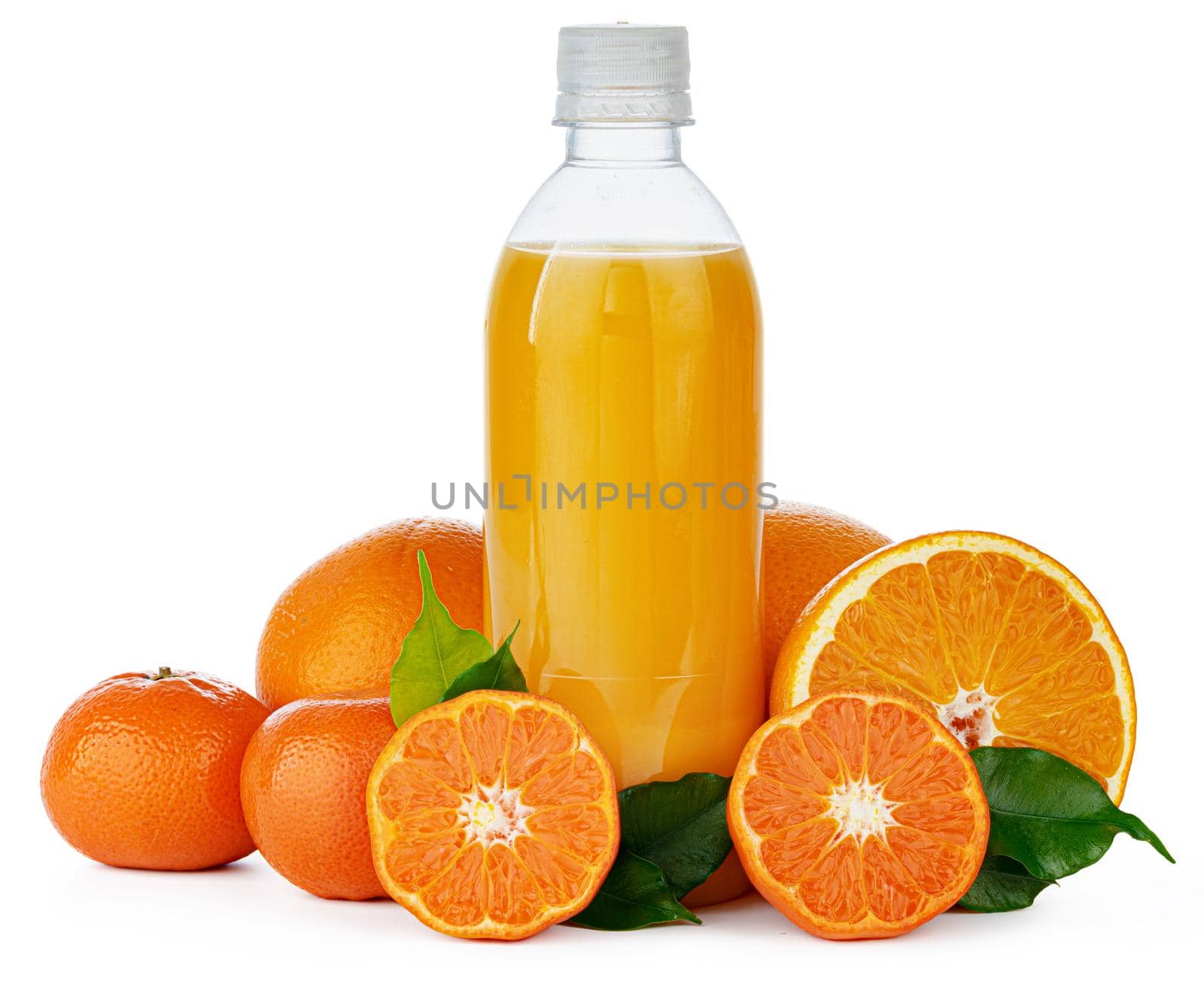 Bottle of fresh orange juice isolated on white background