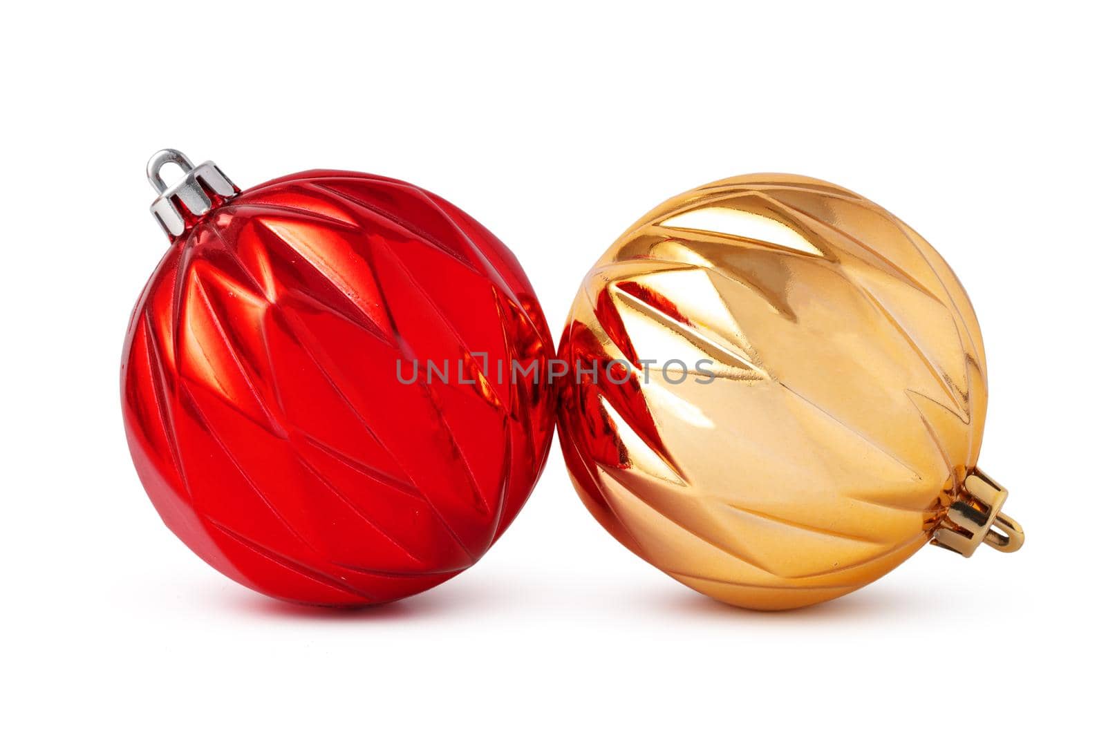 Christmas decoration balls isolated on white background, close up