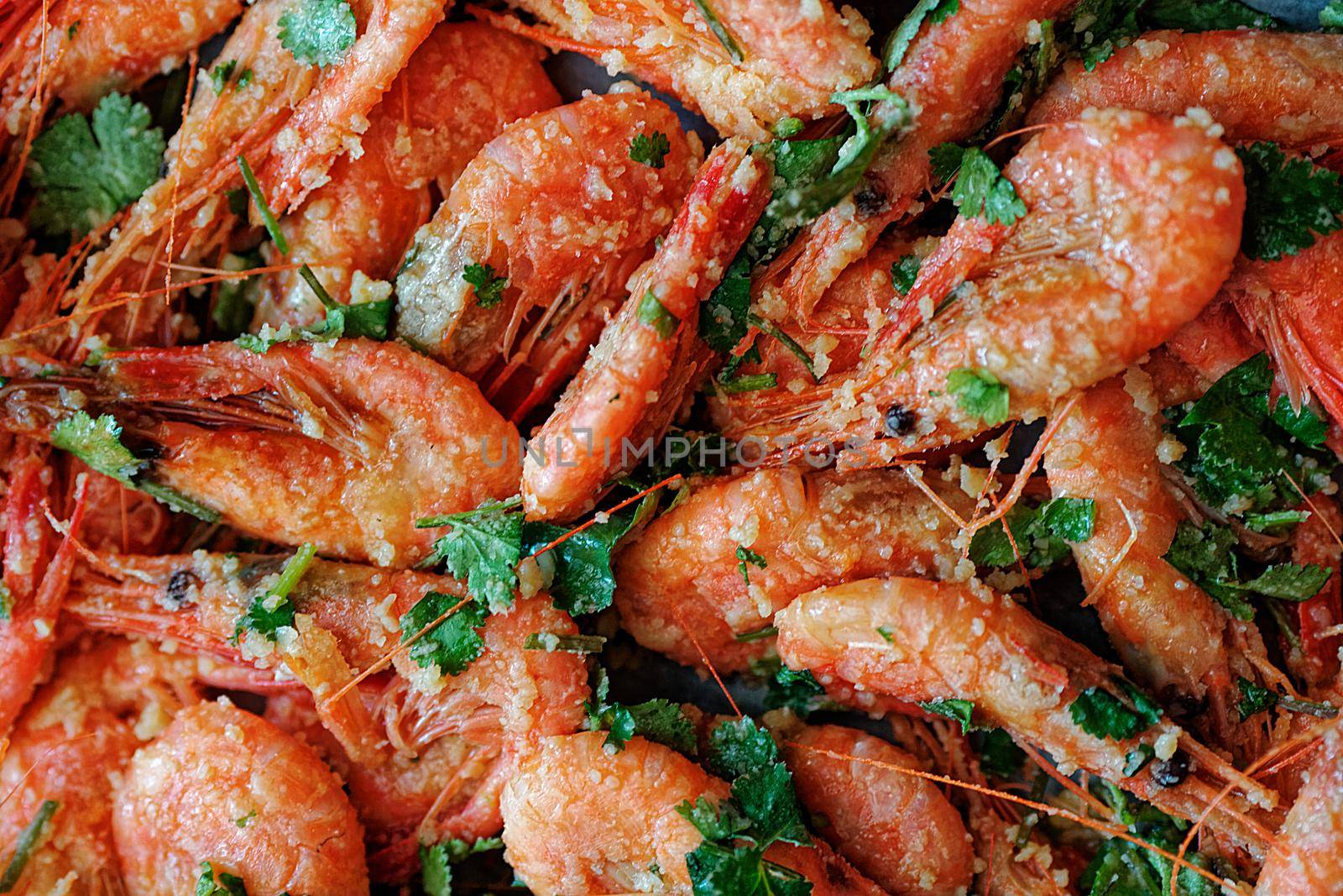 Fresh boiled prawns with coriander. A delicious dish of seafood. by SergeyPakulin