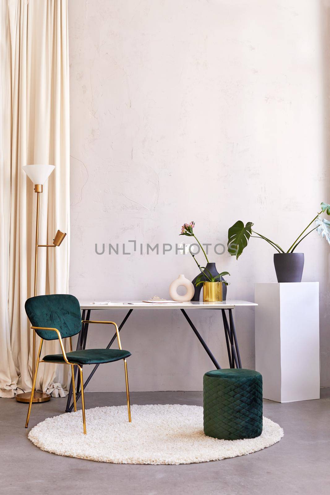 Table with flowers placed in spacious room with chairs in stylish apartment with minimalist interior