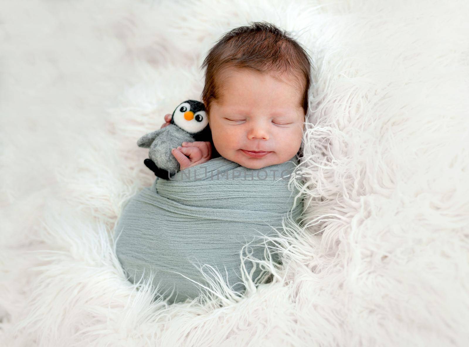 Newborn baby boy sleeping swaddled in fabric on white fur and holding knitted toy in tiny hands. Infant kid studio portrait with decoration