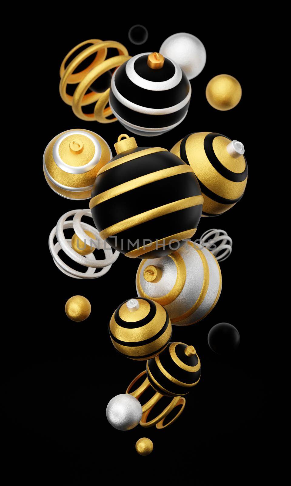 Merry Christmas and Happy New Year 3d render vertical illustration card with ornate gold, black and silver xmas balls and decoration. Winter decoration, minimal design