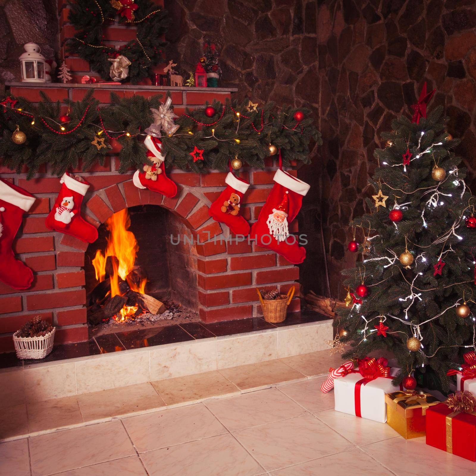 Christmas fireplace in the room by oksix