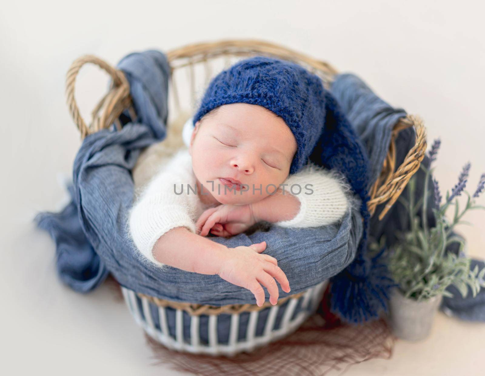 Funny newborn sleeping in basket