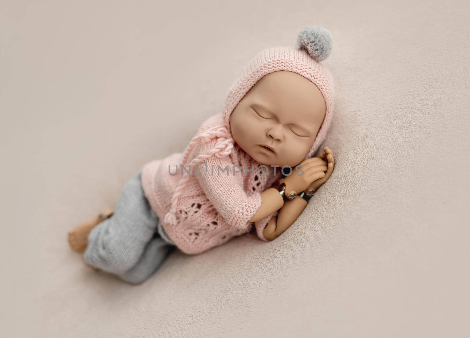 Precisely accurate mannequin of newborn in a knitted suit for photo practicing