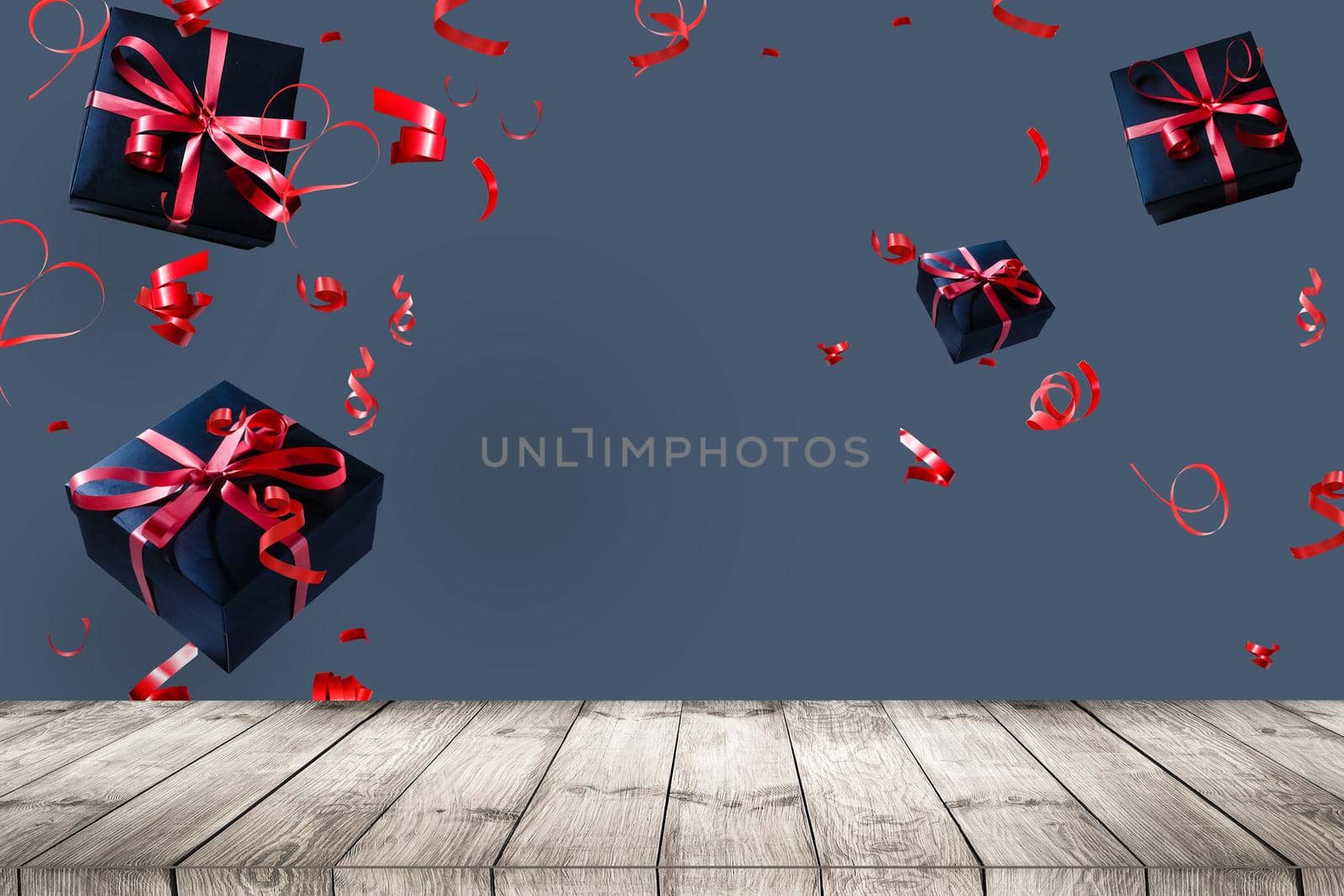 Empty wooden table gifts background. Flat lay view, copy space