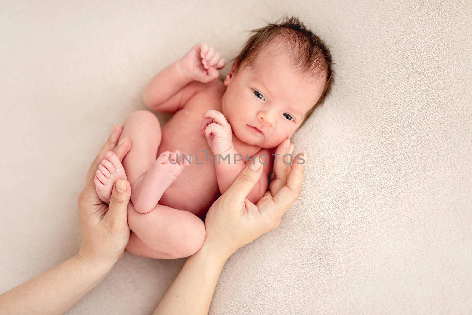 Calm awake newborn in loving hands of mother