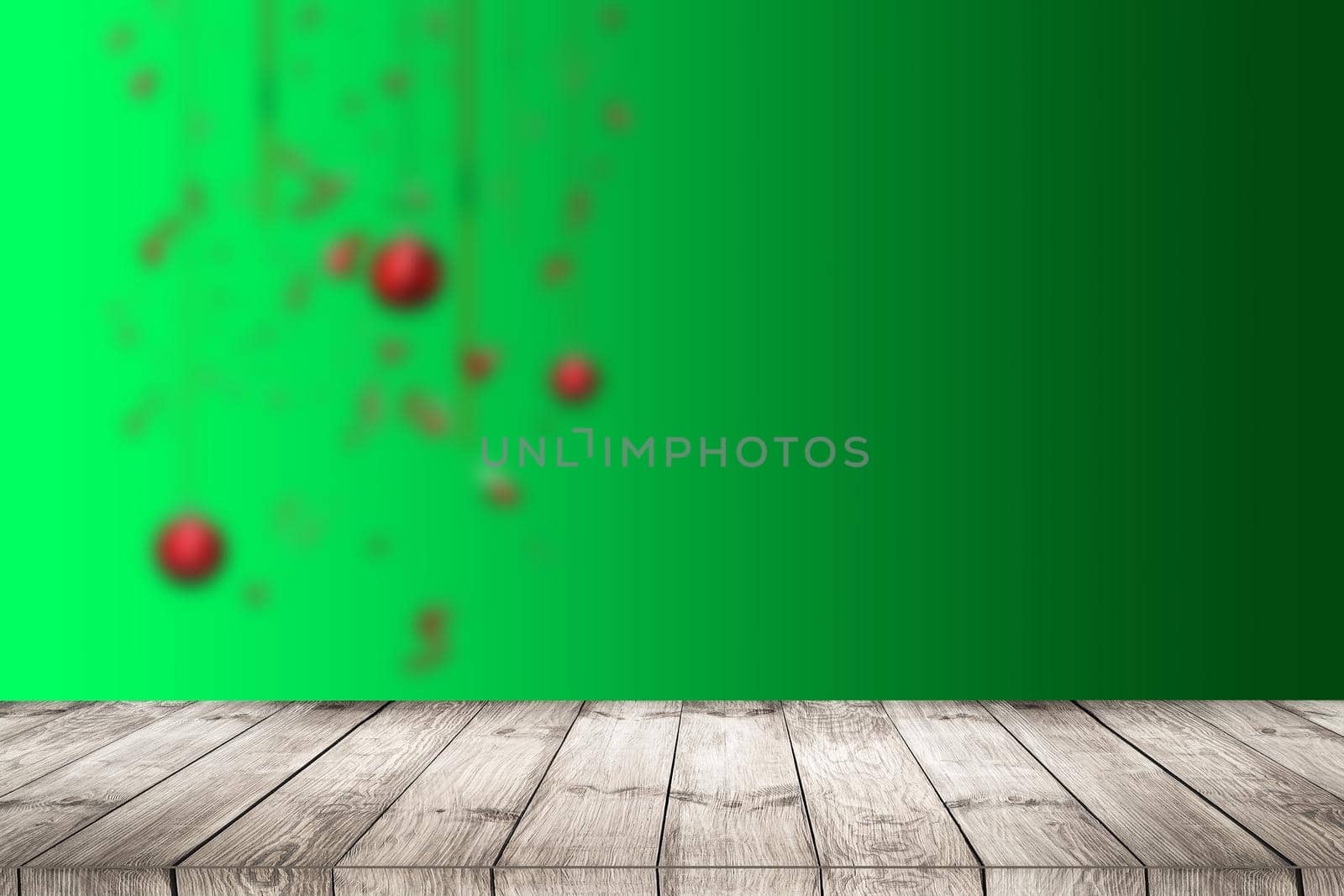 Bokeh background with empty wooden deck table for product montage display.