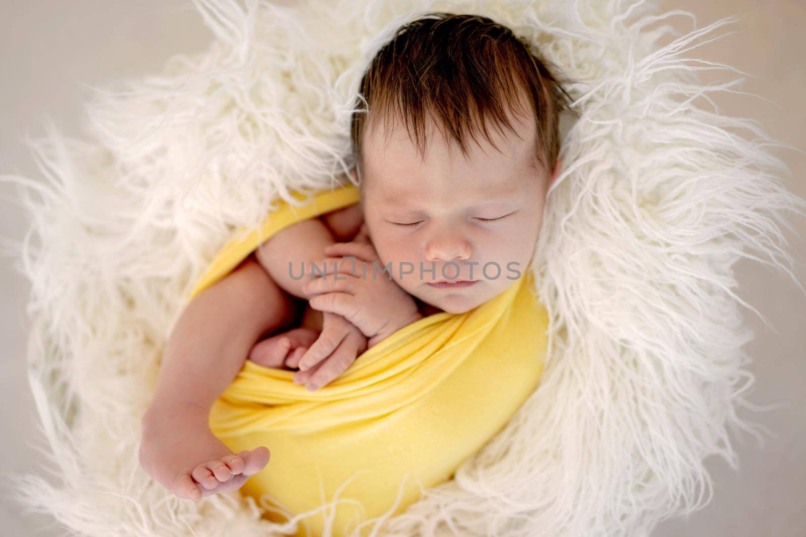 Cute newborn baby in egg like cradle