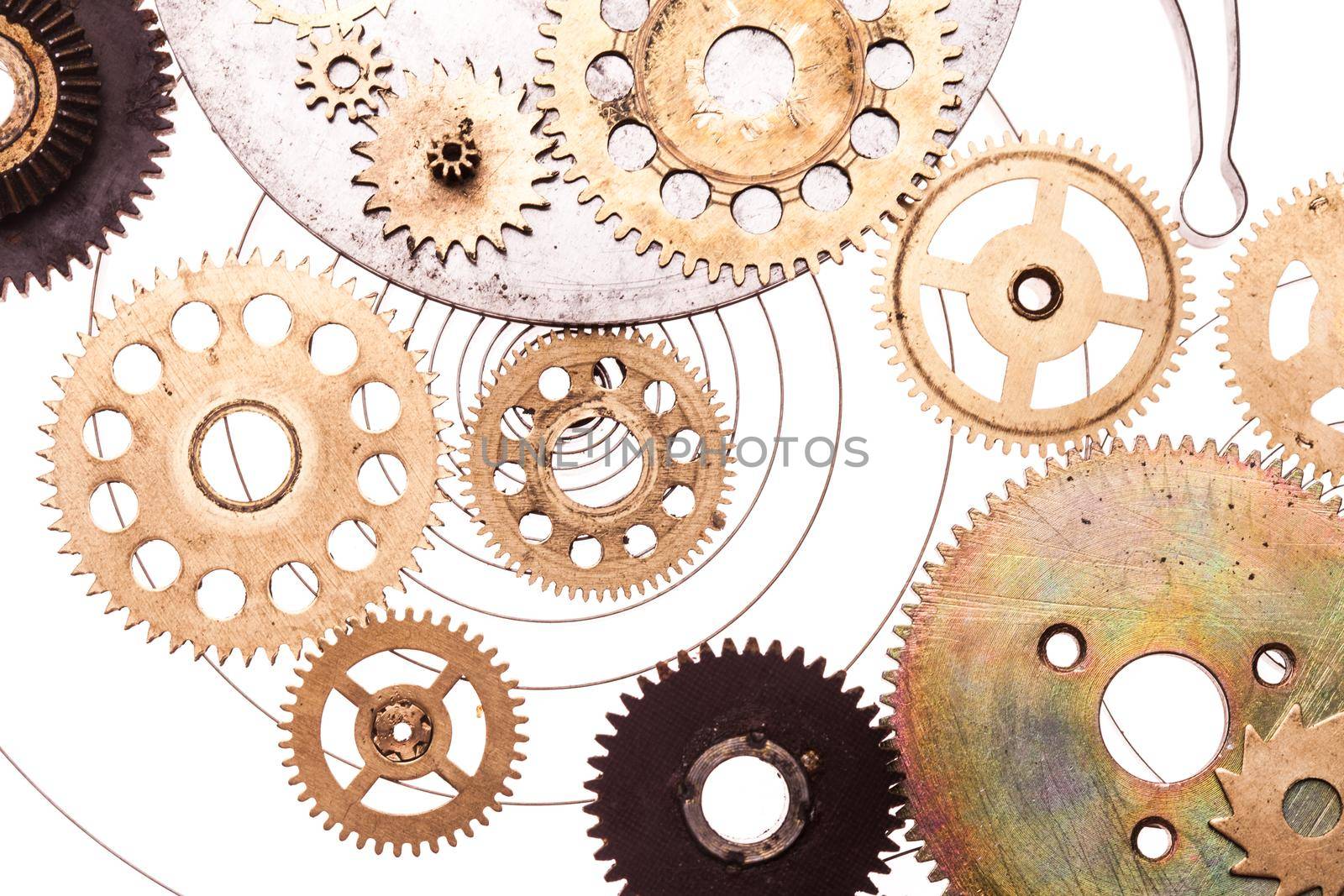 Steampunk details isolated on white. Mechanical clocks details, gears as a fantasy device or background