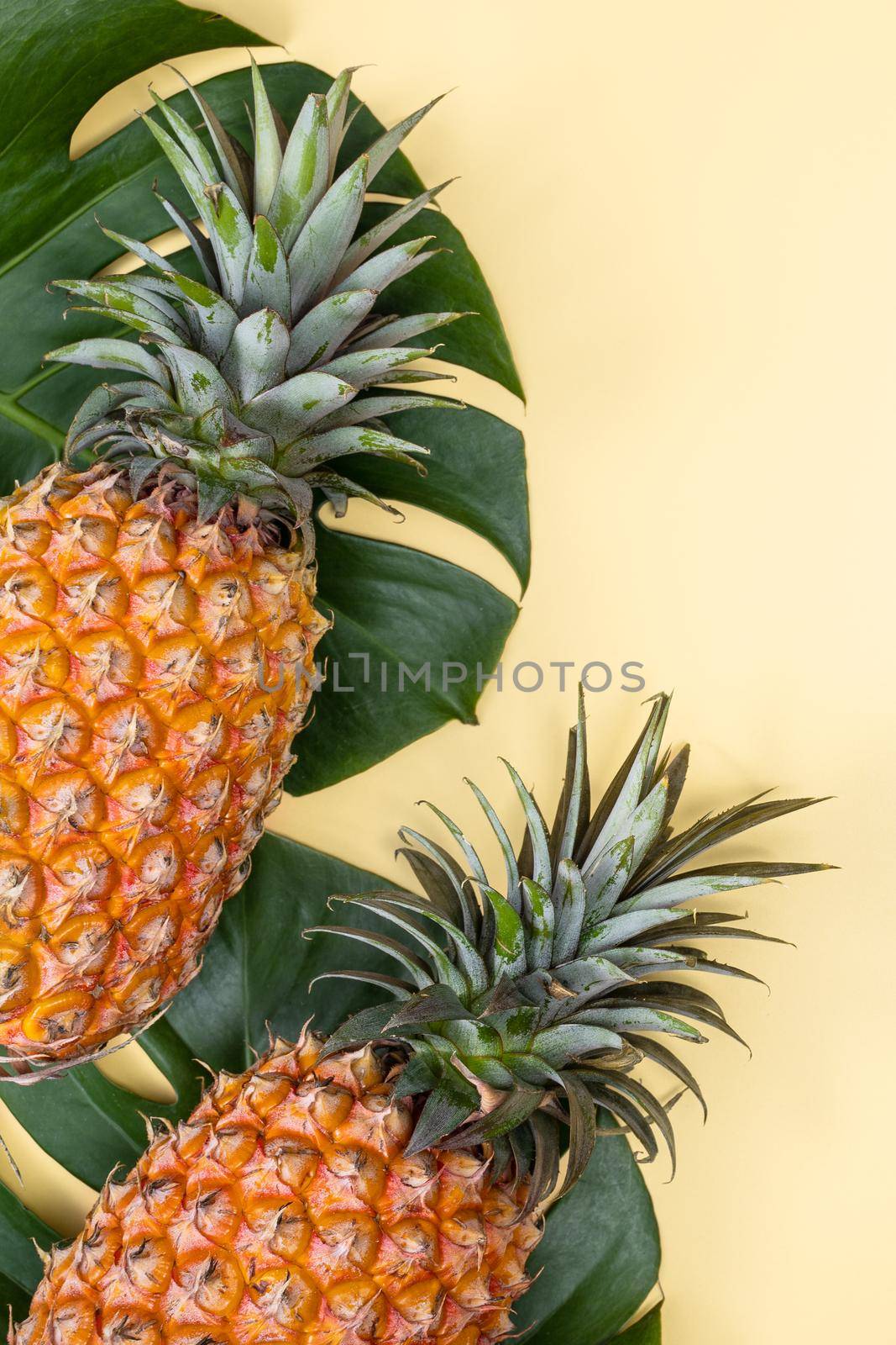 Beautiful pineapple on tropical palm monstera leaves isolated on bright pastel orange yellow background, top view, flat lay, overhead above summer fruit. by ROMIXIMAGE