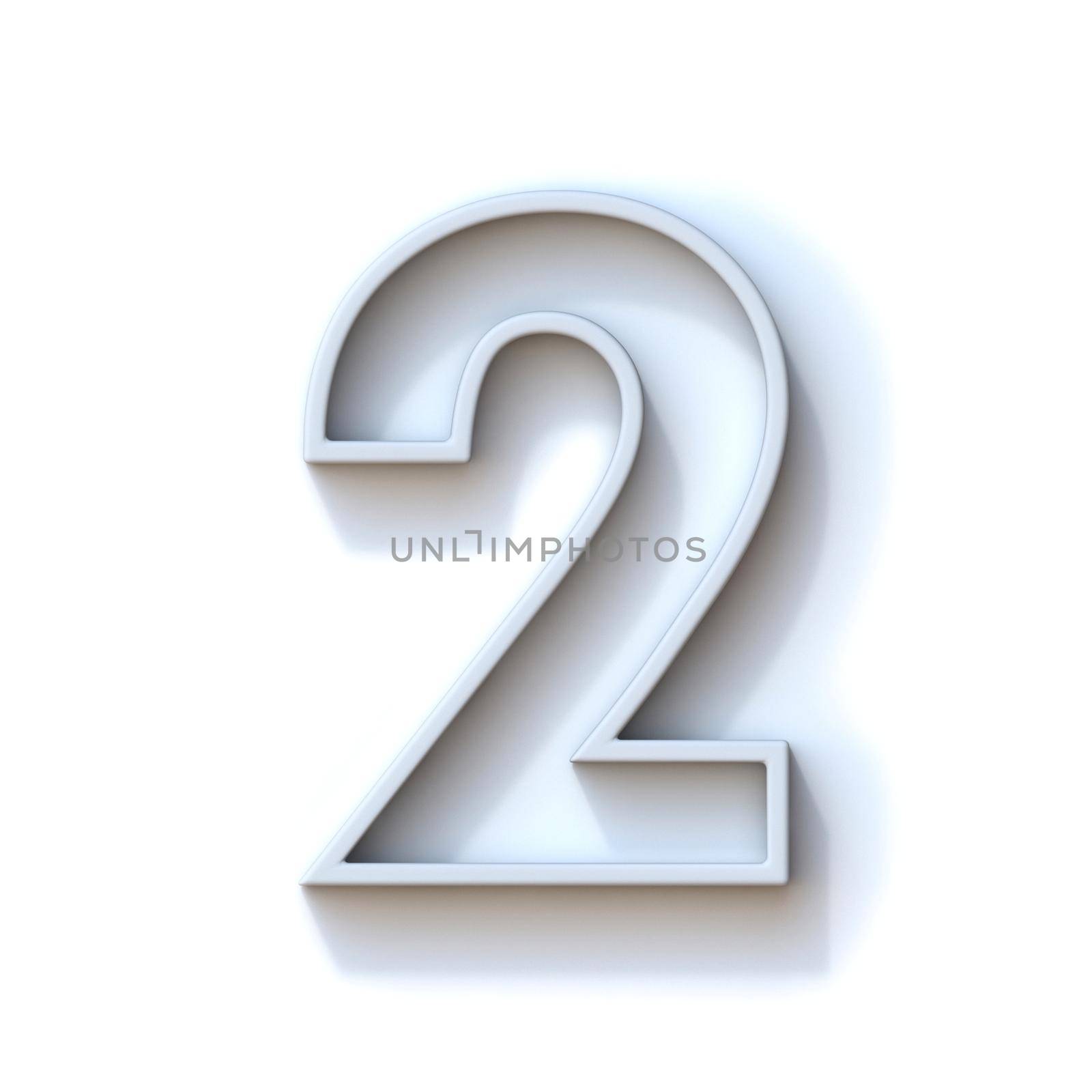 Grey extruded outlined font with shadow Number 2 TWO 3D rendering illustration isolated on white background