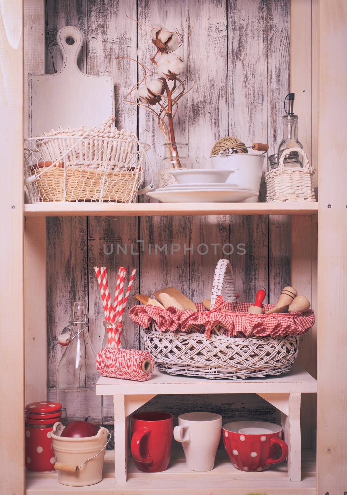 Lovely homeware and dishware in the kitchen at shabby chic style