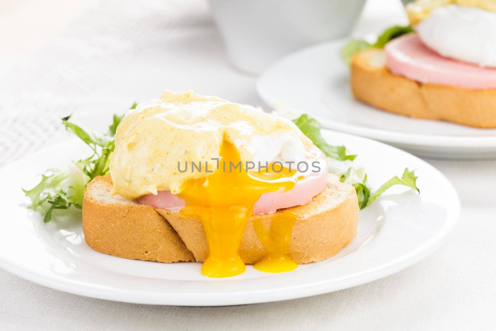 Eggs benedict close up on white plate, serving table