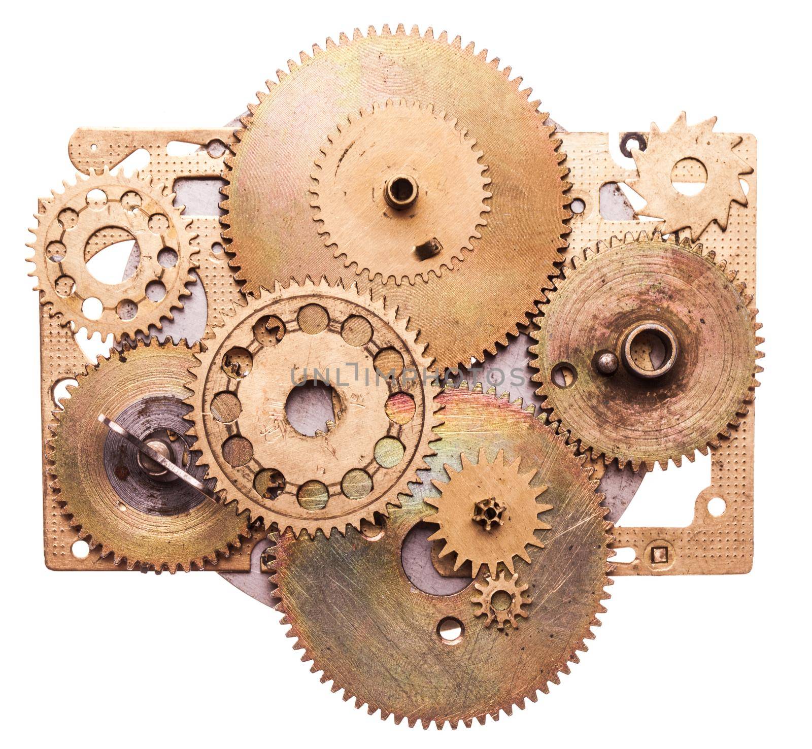 Steampunk details isolated on white. Mechanical clocks details, gears as a fantasy device