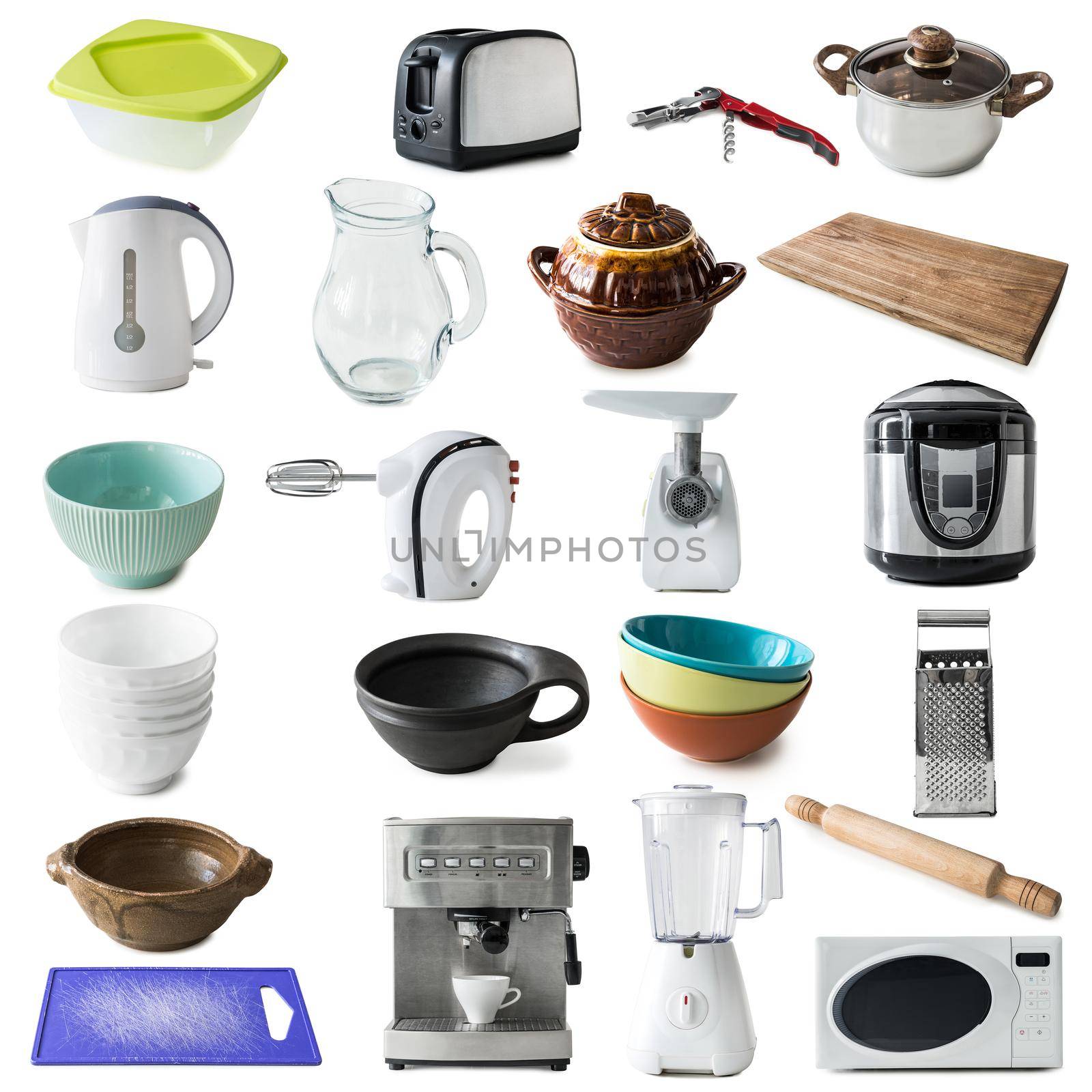 collage of different kinds of kitchen appliances and ware isolated on white background
