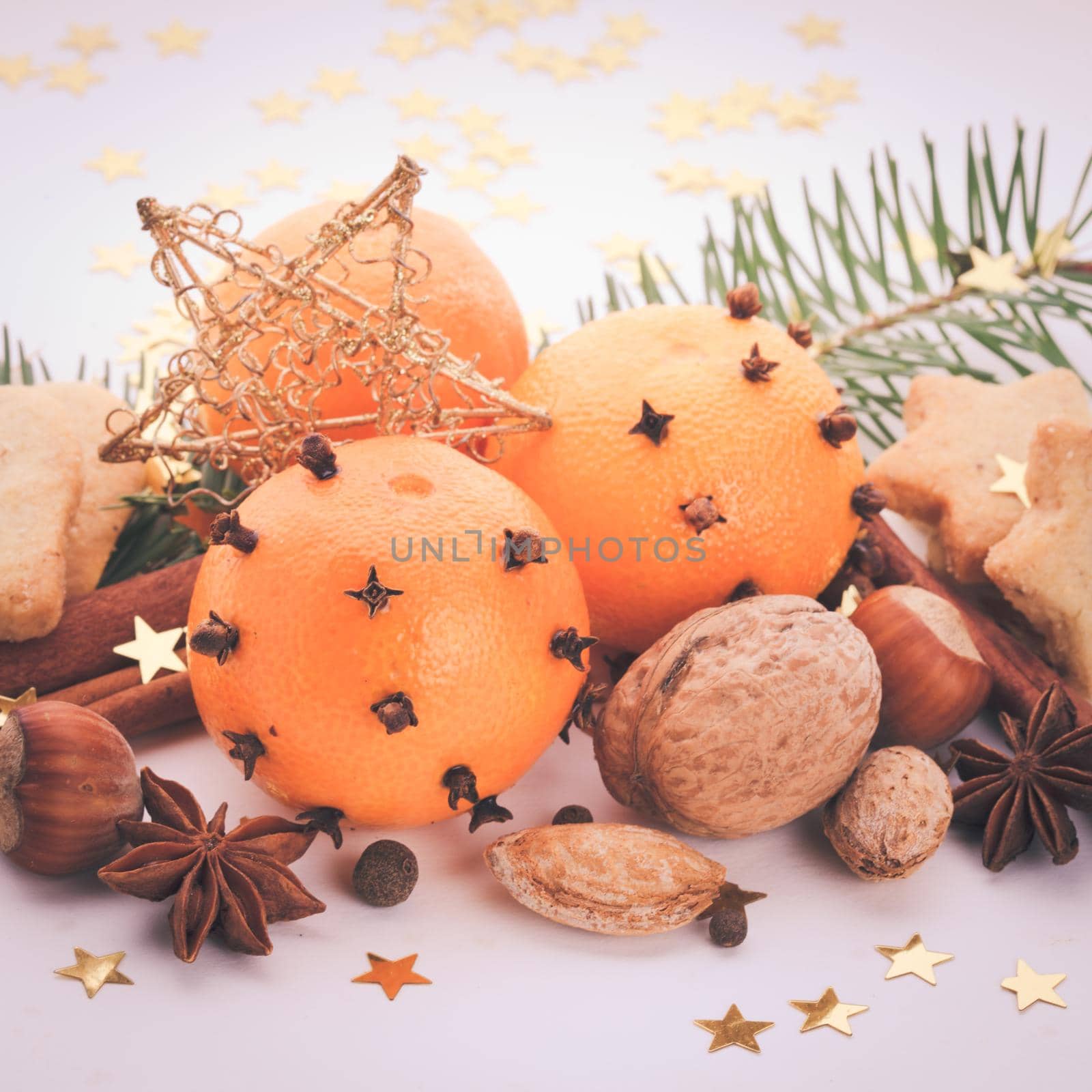 Aroma of Christmas - fir, tangerins and spices. Christmas cookies vintage styled